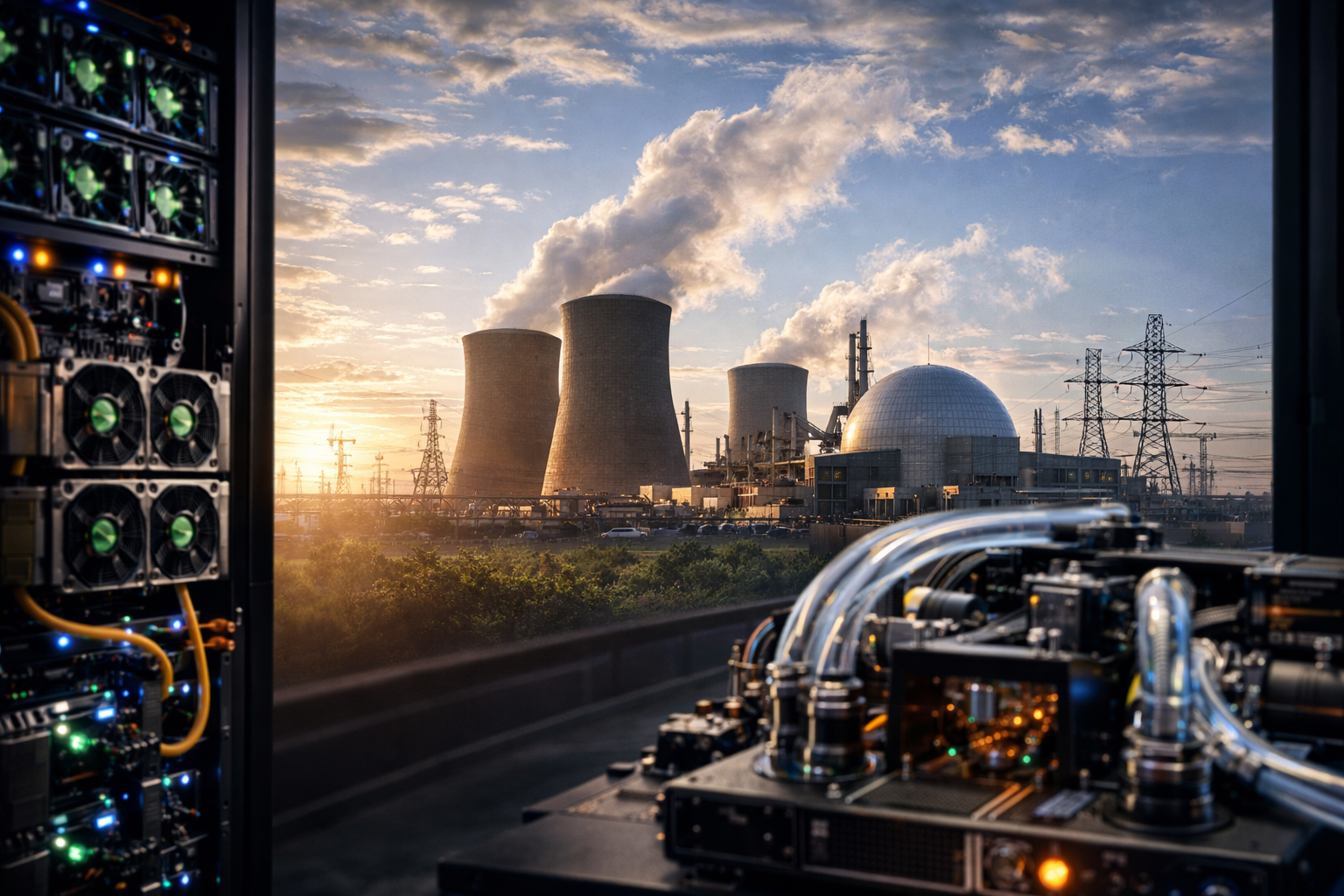 Photorealistic view of a nuclear power facility seen beside advanced data center hardware, symbolizing the growing role of nuclear energy in powering AI infrastructure.