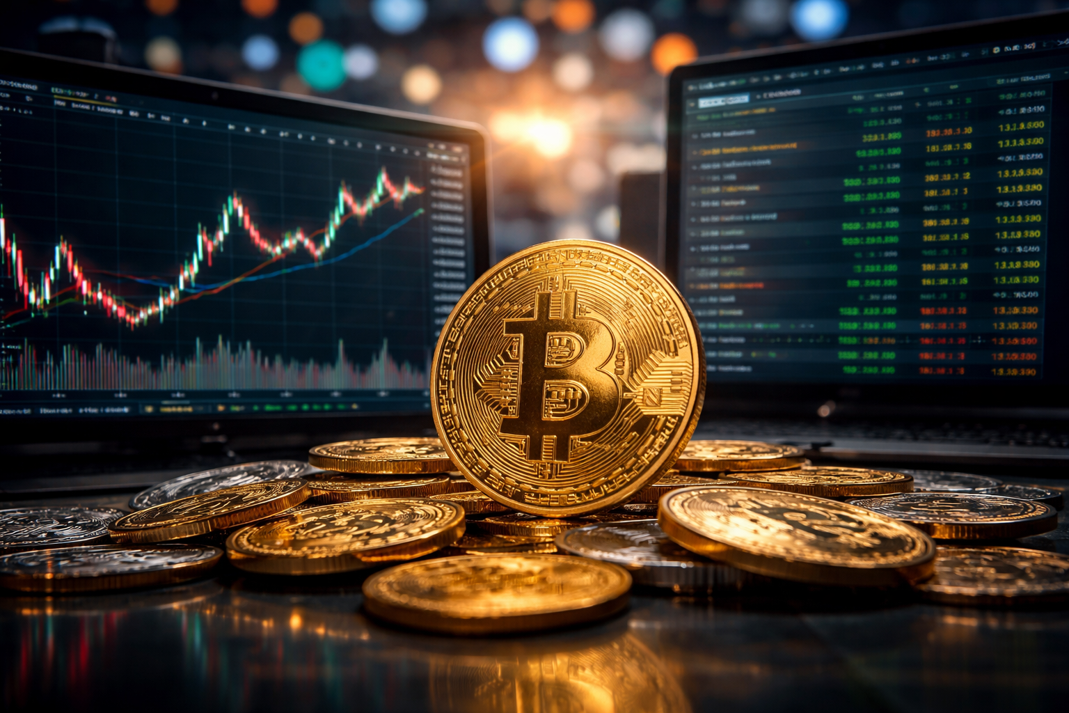 Photorealistic close-up of a Bitcoin coin in front of trading screens showing market recovery, symbolizing renewed institutional support after a sharp sell-off.