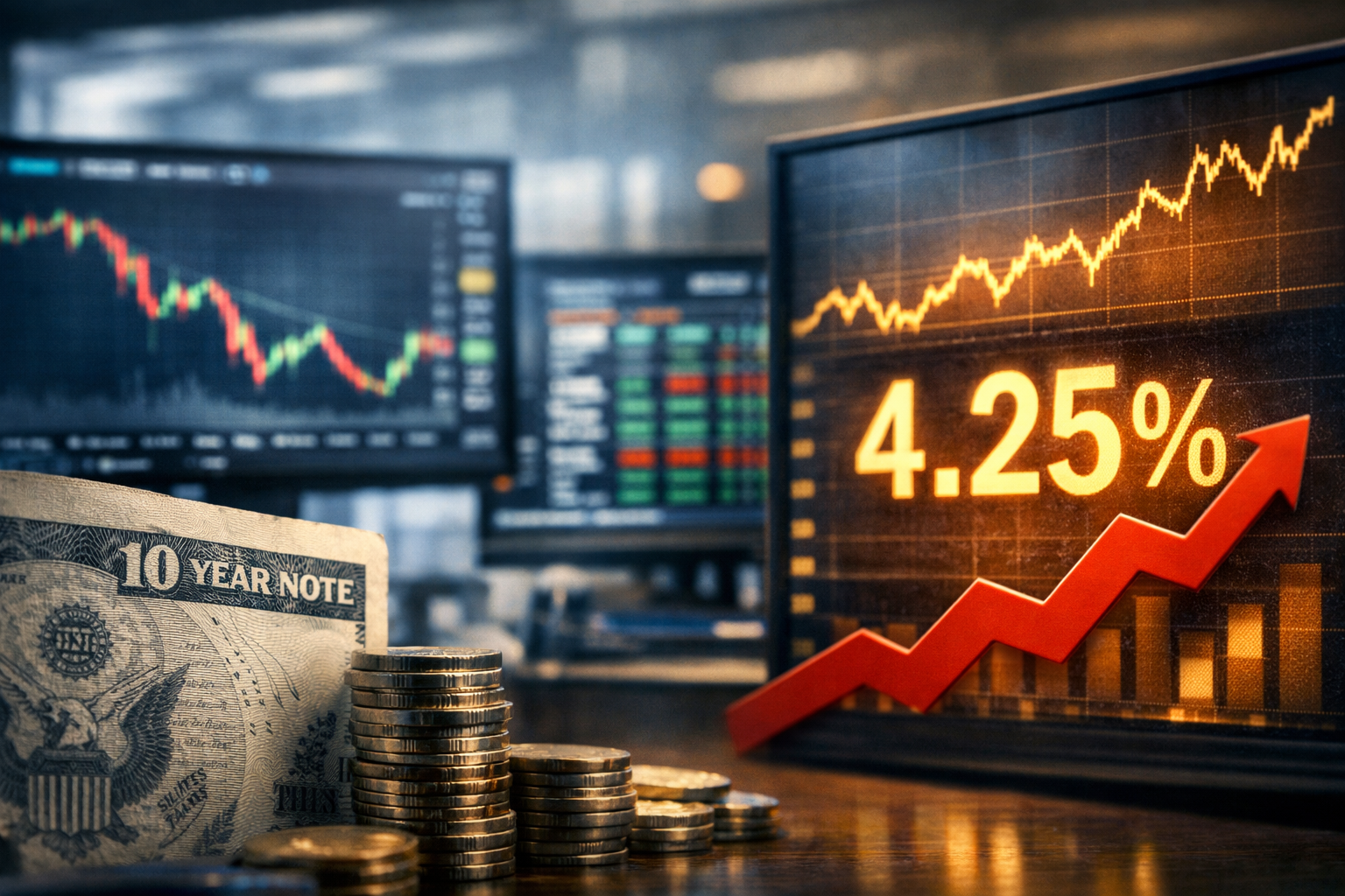 Photorealistic financial scene showing a U.S. Treasury note, stacked coins, and trading screens with rising yield charts, symbolizing market volatility driven by interest-rate uncertainty.