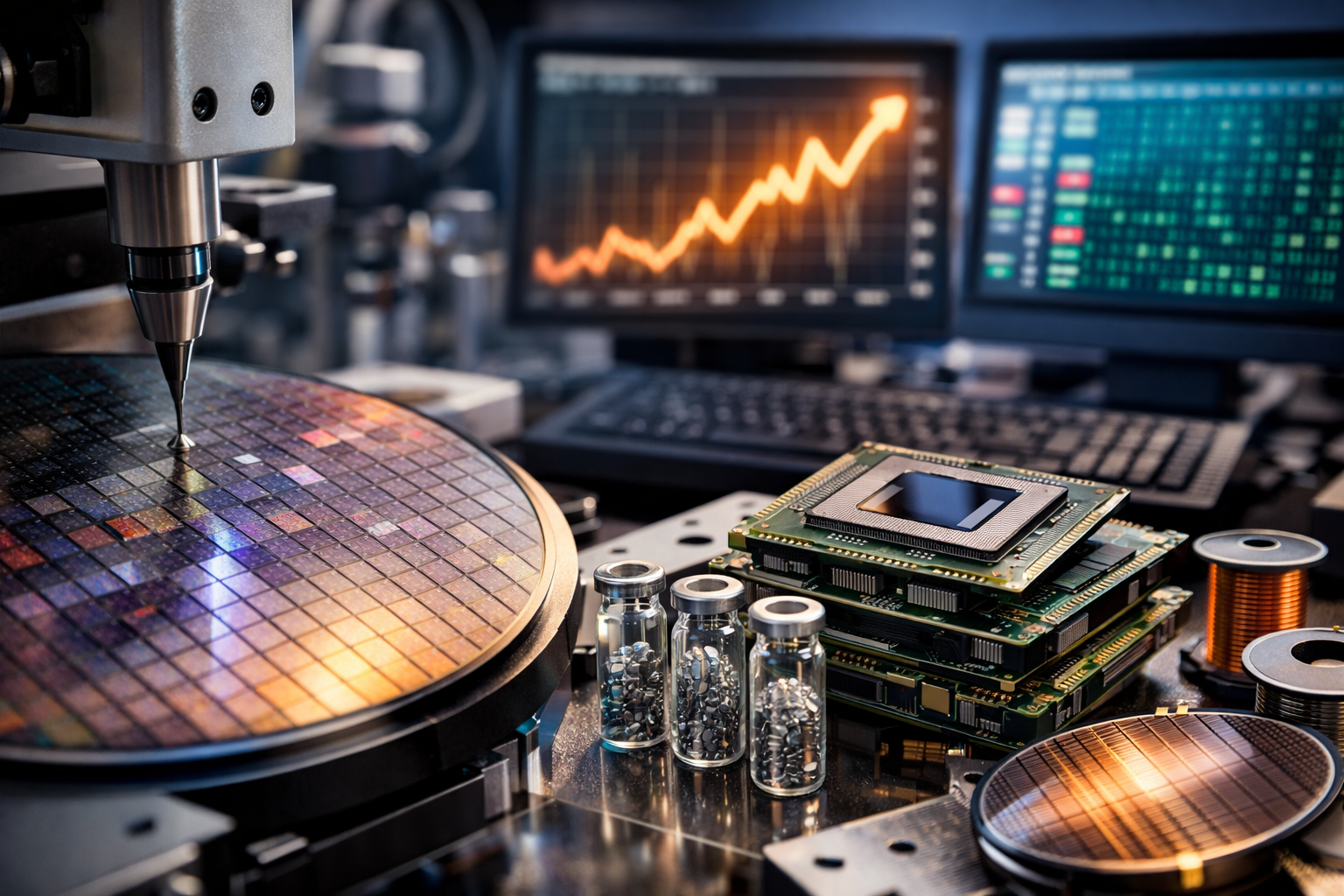 Photorealistic close-up of semiconductor manufacturing equipment, a silicon wafer, and stacked advanced chips, symbolizing ongoing supply constraints in high-performance semiconductors.