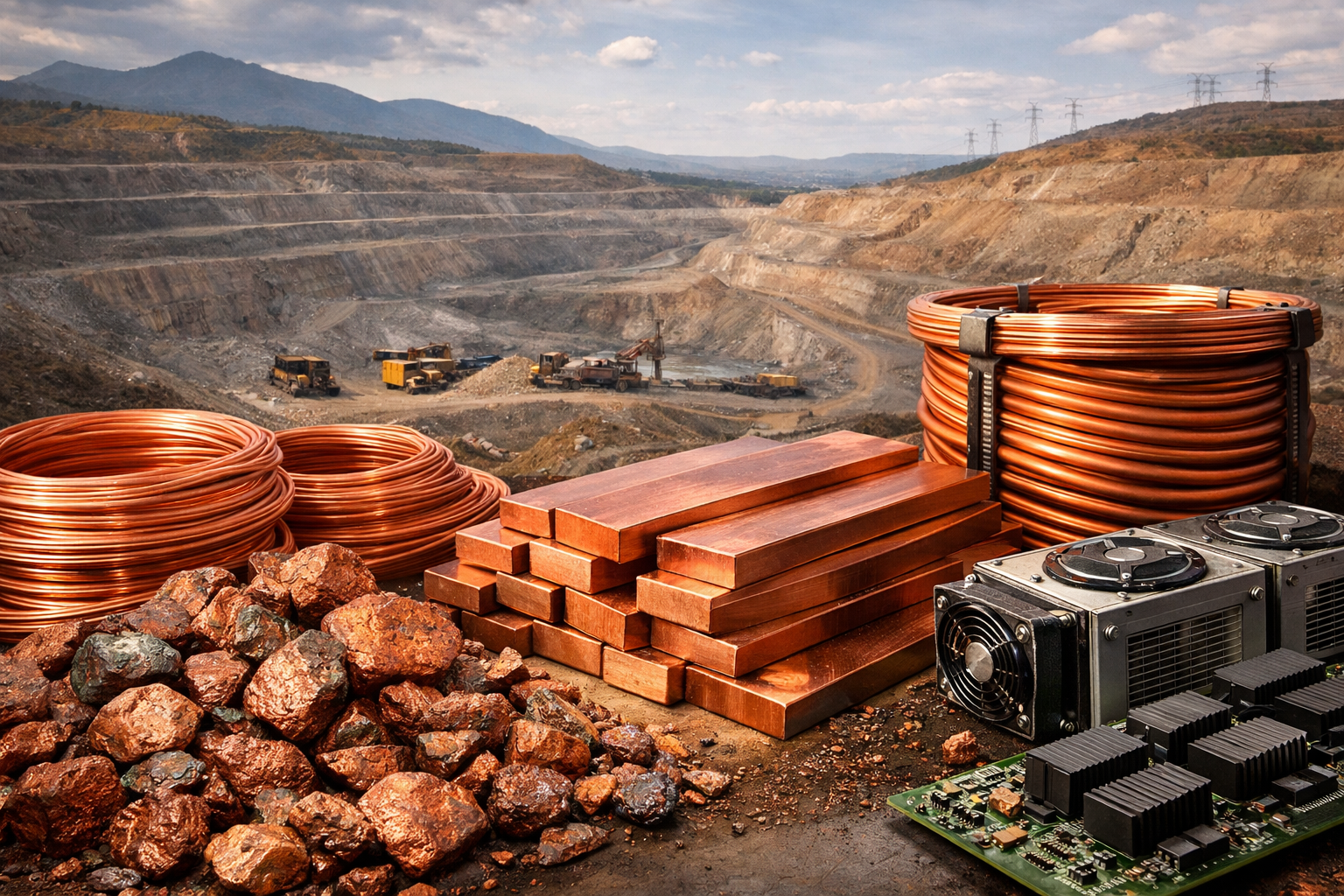 Photorealistic industrial scene featuring copper material and infrastructure elements associated with mining, electrification, and advanced technology demand.