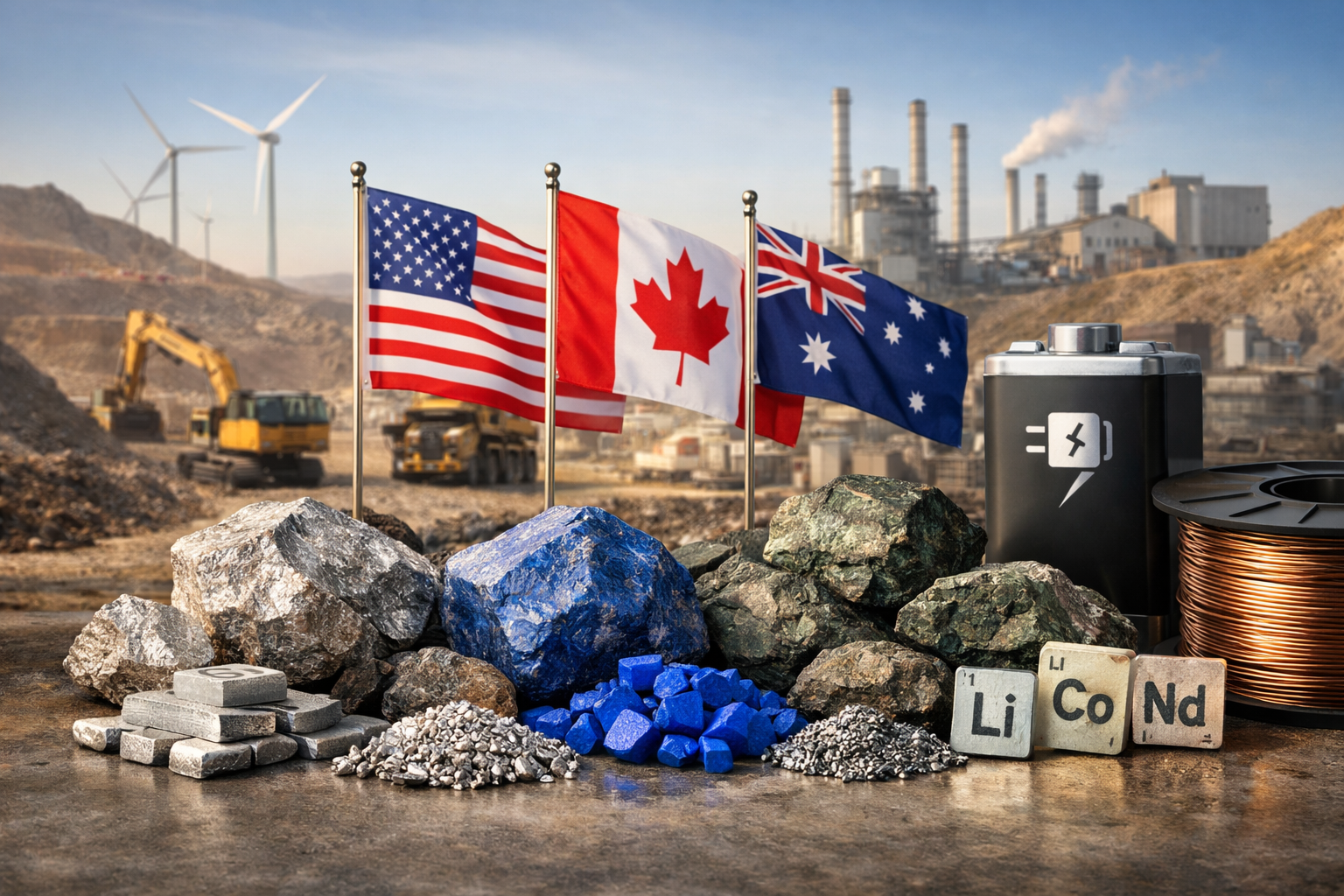 Photorealistic industrial scene featuring mineral resources, mining activity, allied national flags, and battery-related infrastructure representing strategic supply chain cooperation.