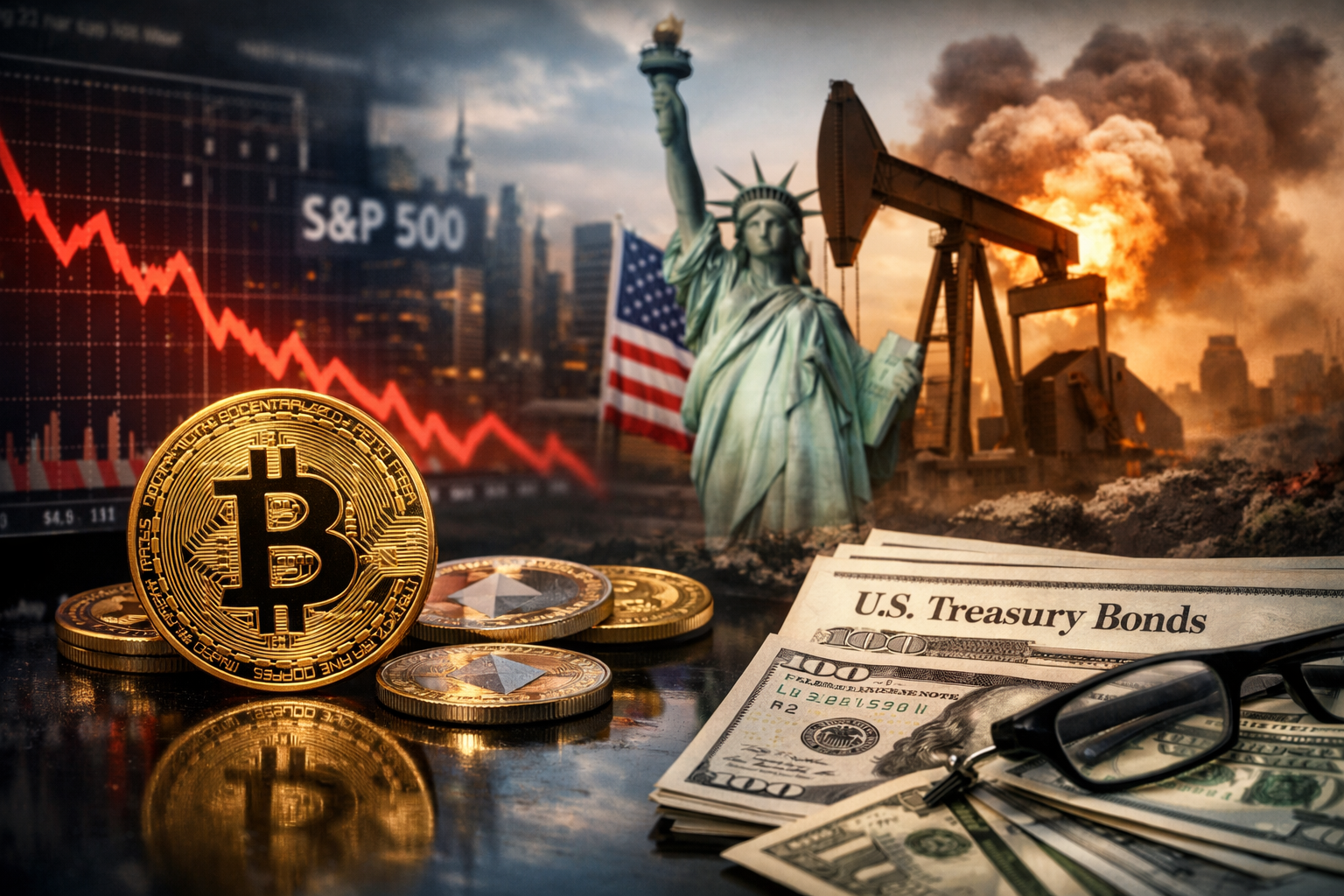 Photorealistic symbolic financial scene showing Bitcoin and Ethereum coins on a reflective surface beside U.S. Treasury bonds and dollar bills, with a falling market chart, the Statue of Liberty, and an oil pumpjack under a smoky sky.