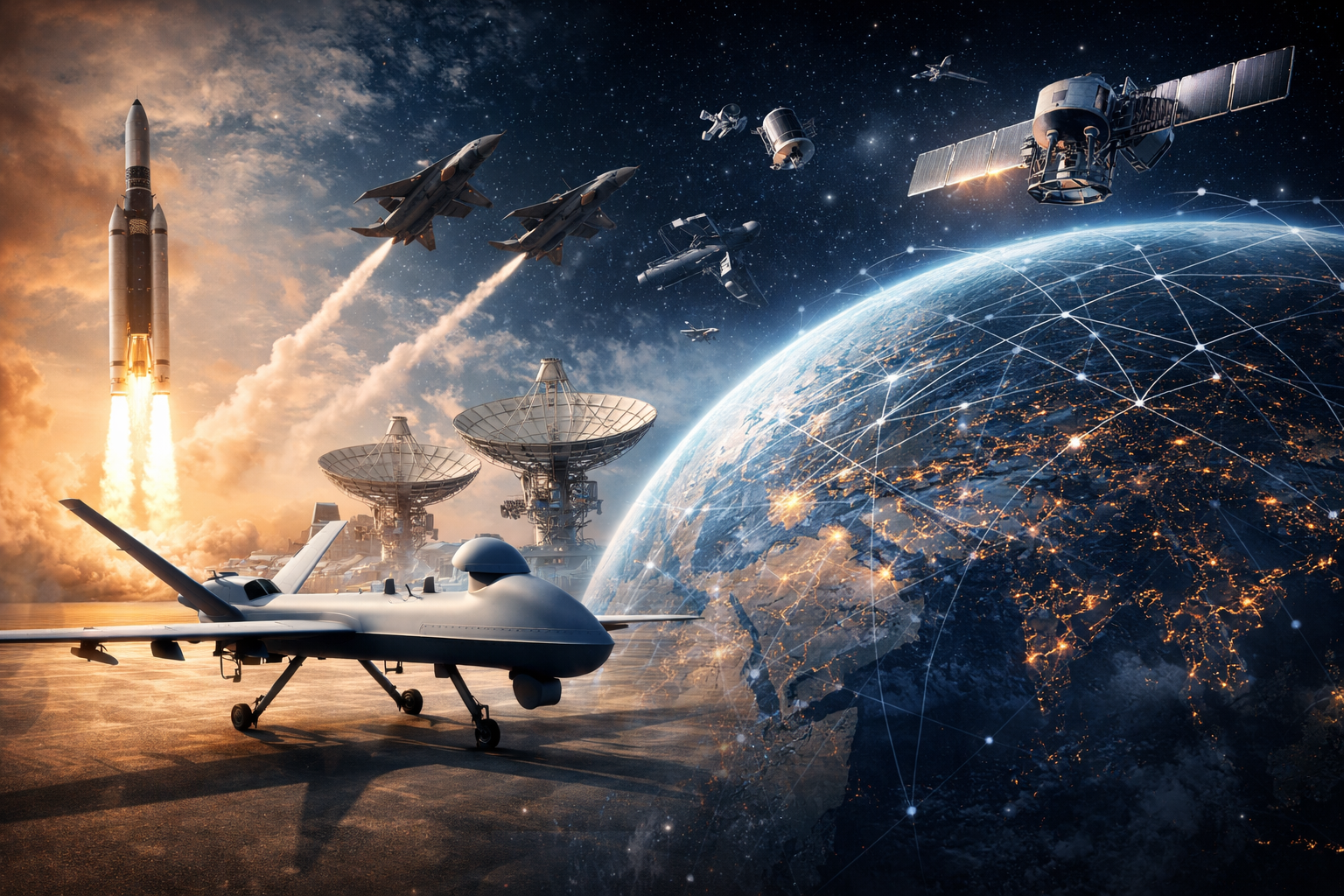 Photorealistic aerospace scene showing a military drone on a runway, a rocket launch, fighter jets, satellites in orbit, and Earth covered by a glowing communications network.