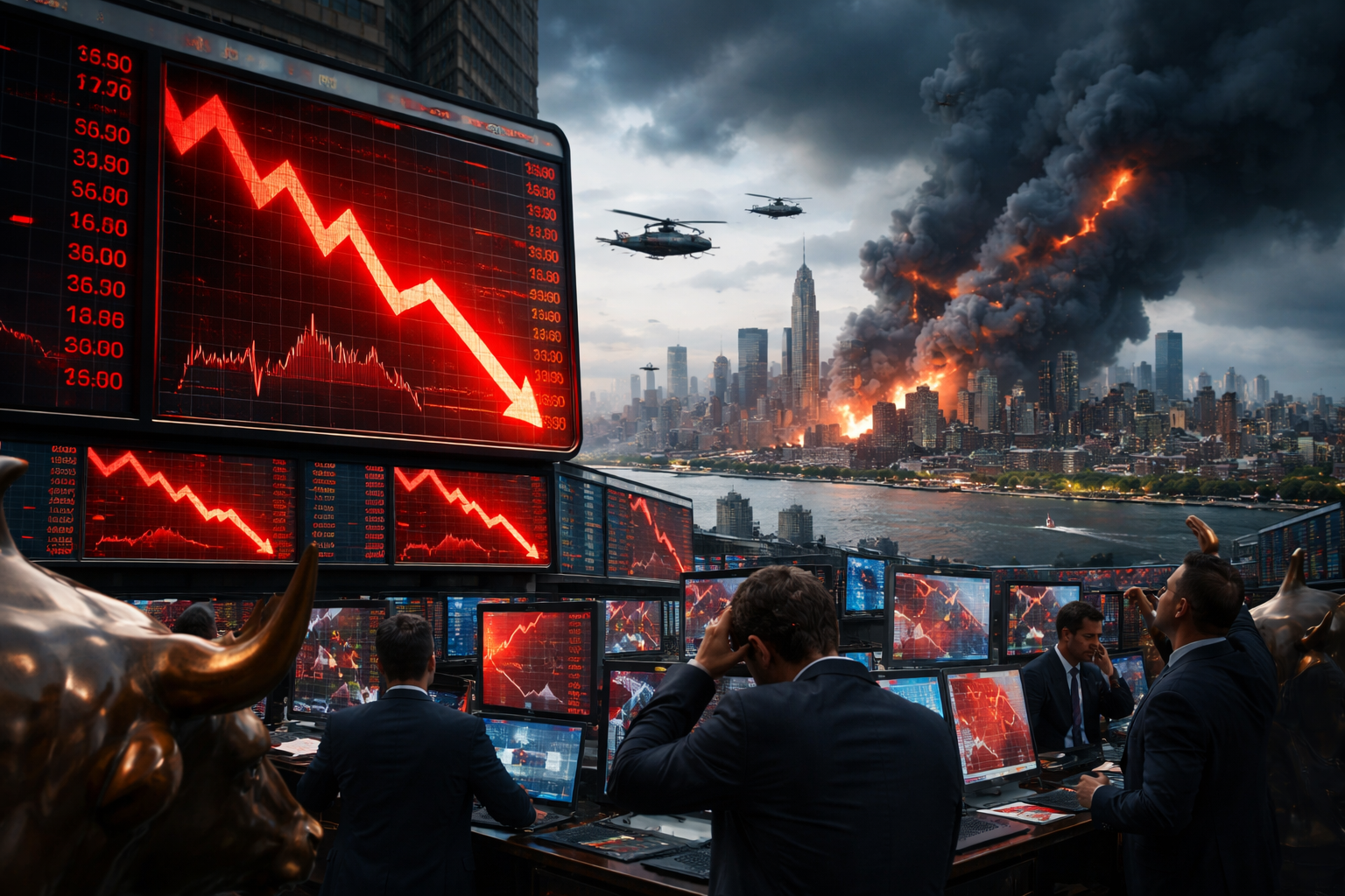 Photorealistic market crisis scene with traders at multi-screen desks, a steeply falling red stock chart, storm clouds over a city skyline, and helicopters near a large column of smoke.