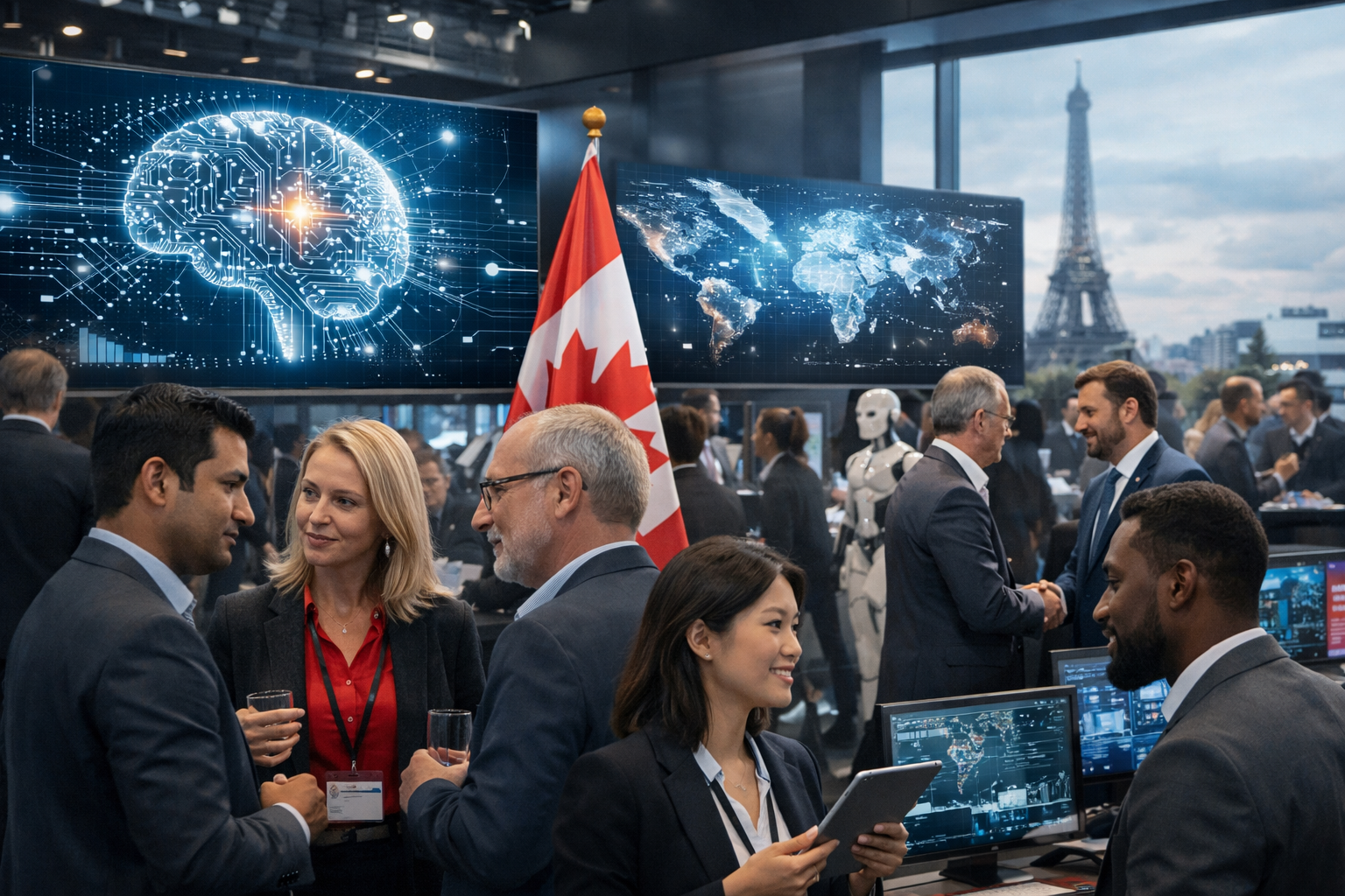 Photorealistic international tech summit scene with business leaders networking in front of AI-themed digital displays, a Canadian flag, and the Eiffel Tower visible through large windows.