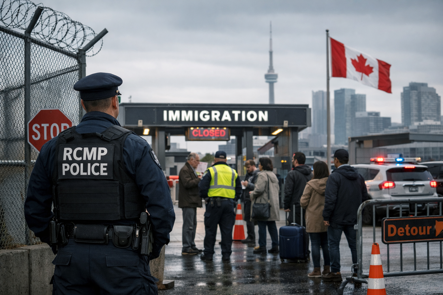 Photorealistic border checkpoint scene in Canada with a police officer near a fenced entry, travelers waiting with luggage, patrol vehicles, and a Canadian flag against a gray urban skyline.
