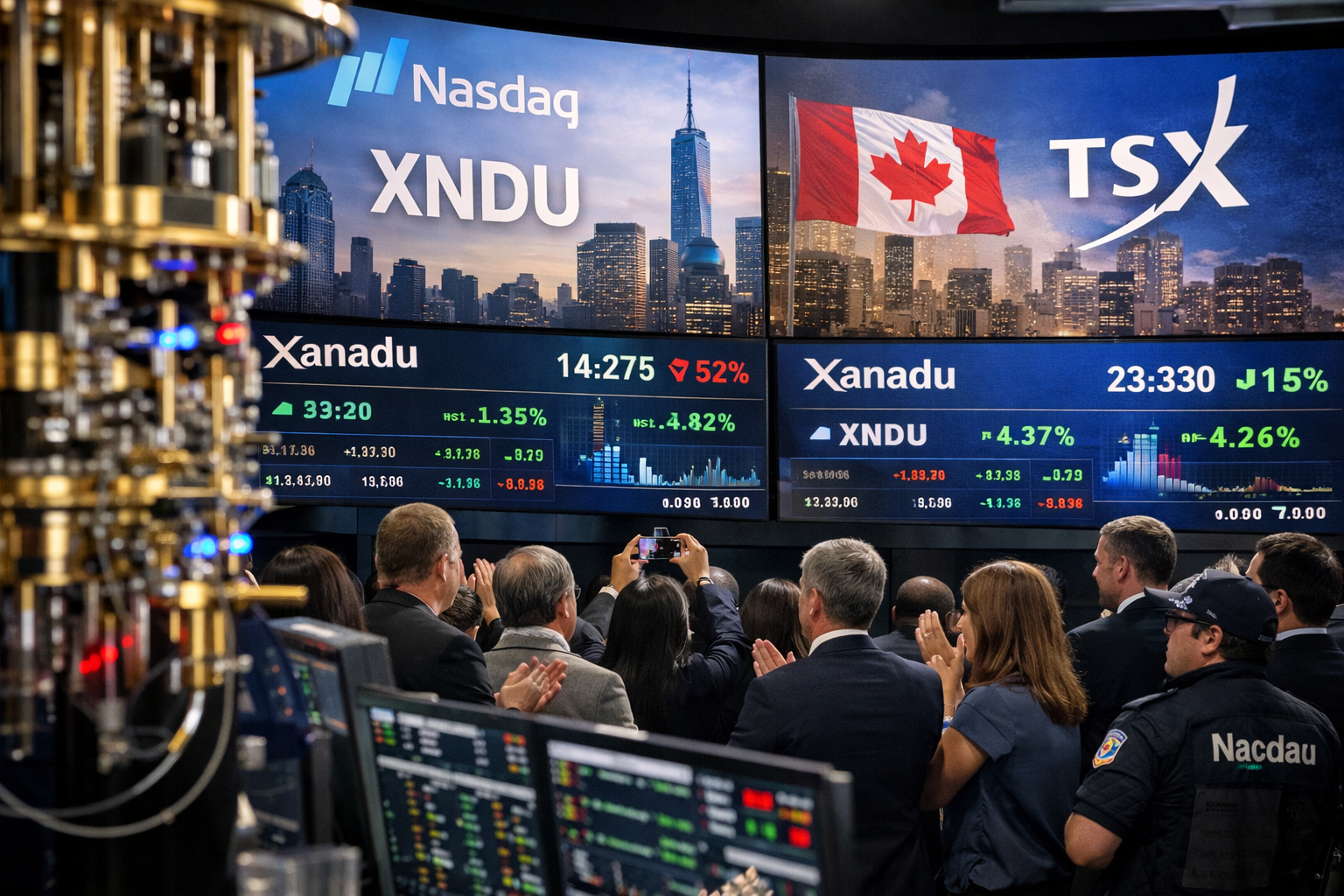 Photorealistic market-debut scene showing investors watching a futuristic trading display beside advanced quantum hardware, symbolizing Xanadu’s entry into public markets and the rise of photonic quantum computing.