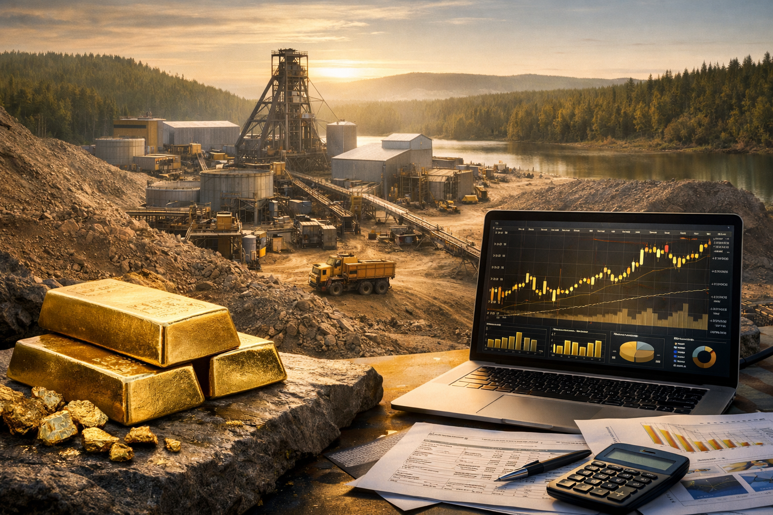 Photorealistic gold mining scene with stacked gold bars in the foreground, an active processing site near a forested lake, and financial charts displayed on a laptop beside analysis documents.