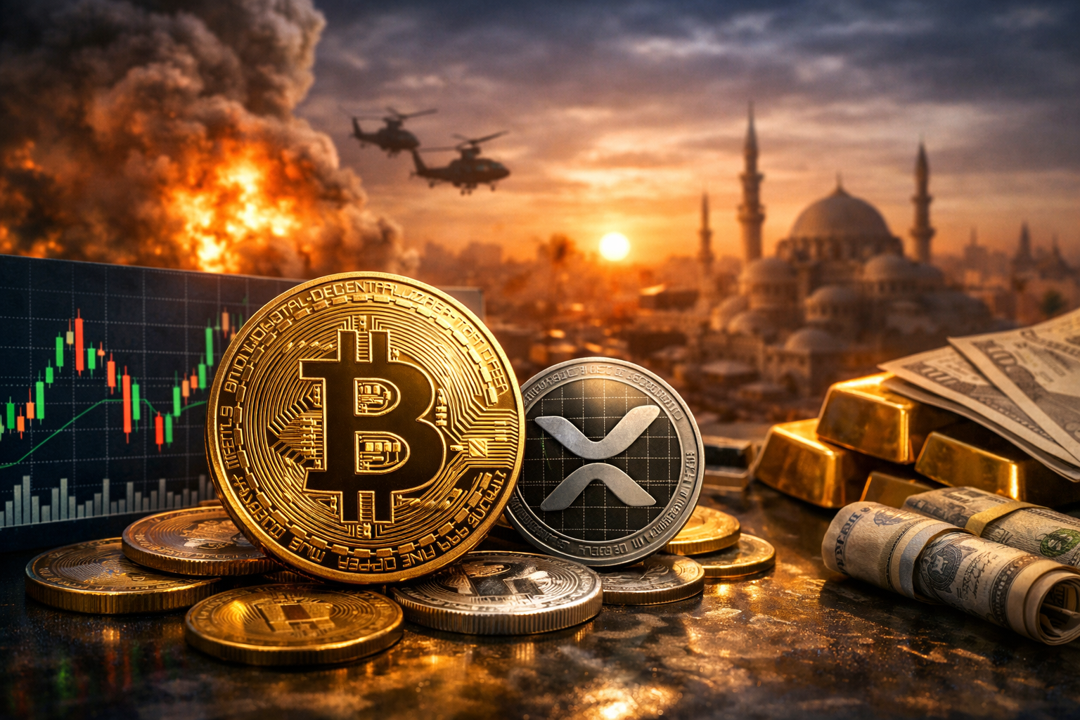 Photorealistic close-up of Bitcoin and XRP coins on a reflective surface with a market candlestick chart, gold bars, and U.S. dollar bills in the foreground, and a smoky explosion with helicopters over a city skyline at sunset in the background.