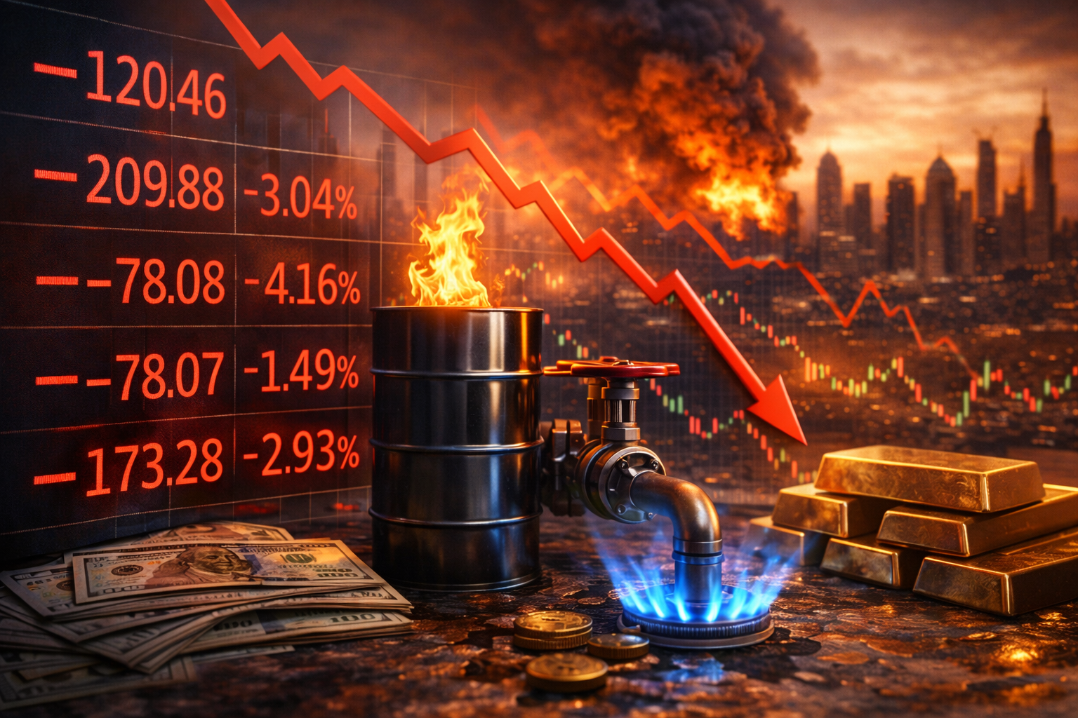 Photorealistic scene of a steep red market downtrend overlaid on financial screens beside a flaming oil barrel and blue gas flame, with U.S. dollar bills and gold bars in the foreground and a smoke-filled city skyline in the background.