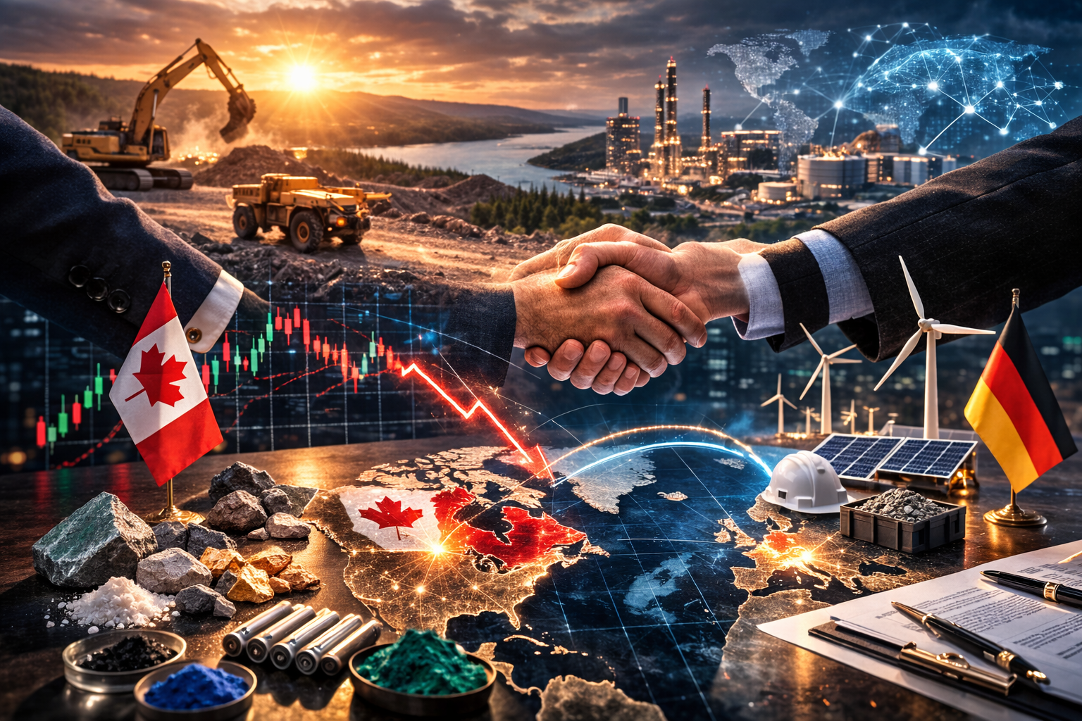 Photorealistic editorial scene with Germany and Quebec flags planted among mineral rocks and battery-cell cylinders in the foreground, with mining equipment, wind turbines, solar panels, and a glowing global connectivity map in the background at sunset.