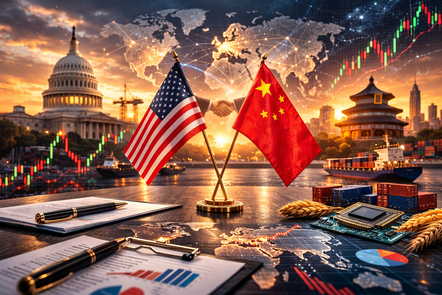 Photorealistic editorial scene showing U.S. and China flags on a conference table with shipping containers, semiconductor chips, grains, and signed documents in the foreground, with a glowing world map and market charts over a skyline backdrop.