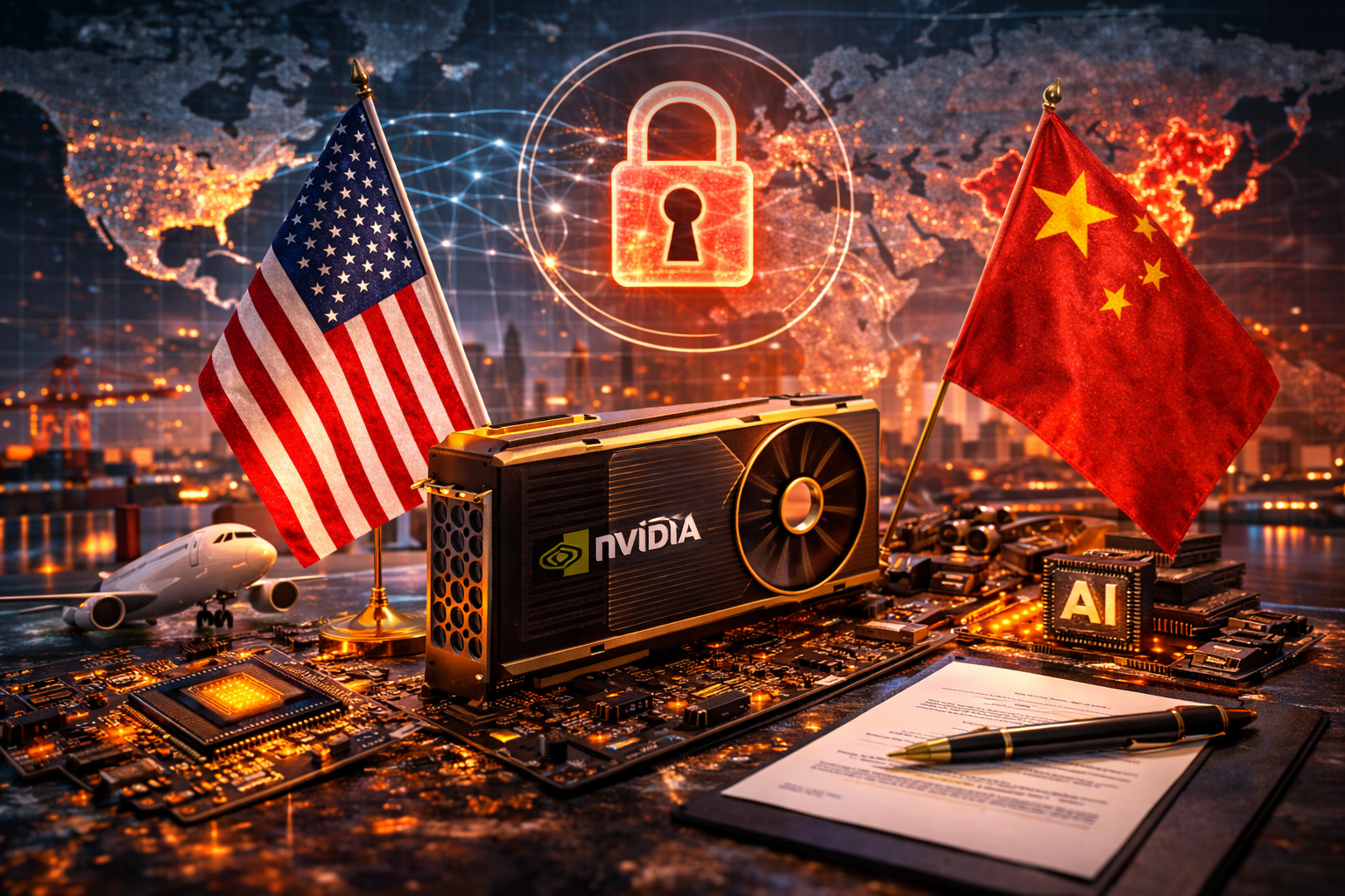 Photorealistic editorial scene featuring a high-end AI graphics card on a glowing circuit-board surface, flanked by U.S. and China flags, with a luminous padlock symbol and global network map in the background and policy documents on the table.