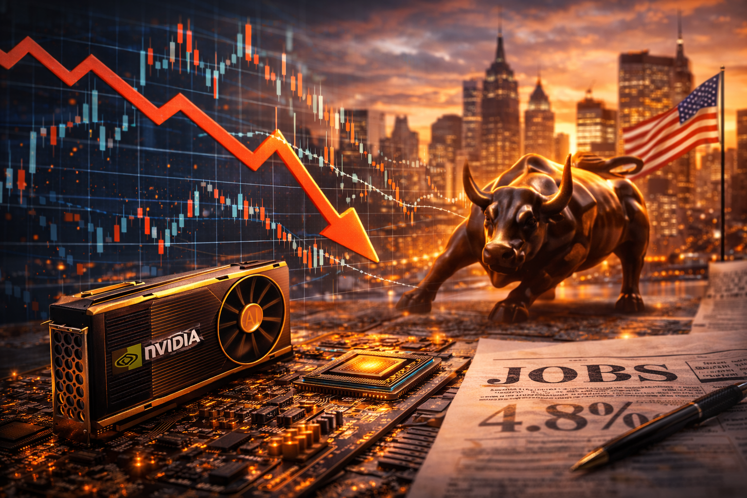 Photorealistic editorial scene showing the Wall Street Charging Bull with a large downward market trend overlay, an AI microchip and high-end graphics card on a glowing circuit-board surface, and a blurred jobs-report newspaper on a desk against a New York skyline at sunset.