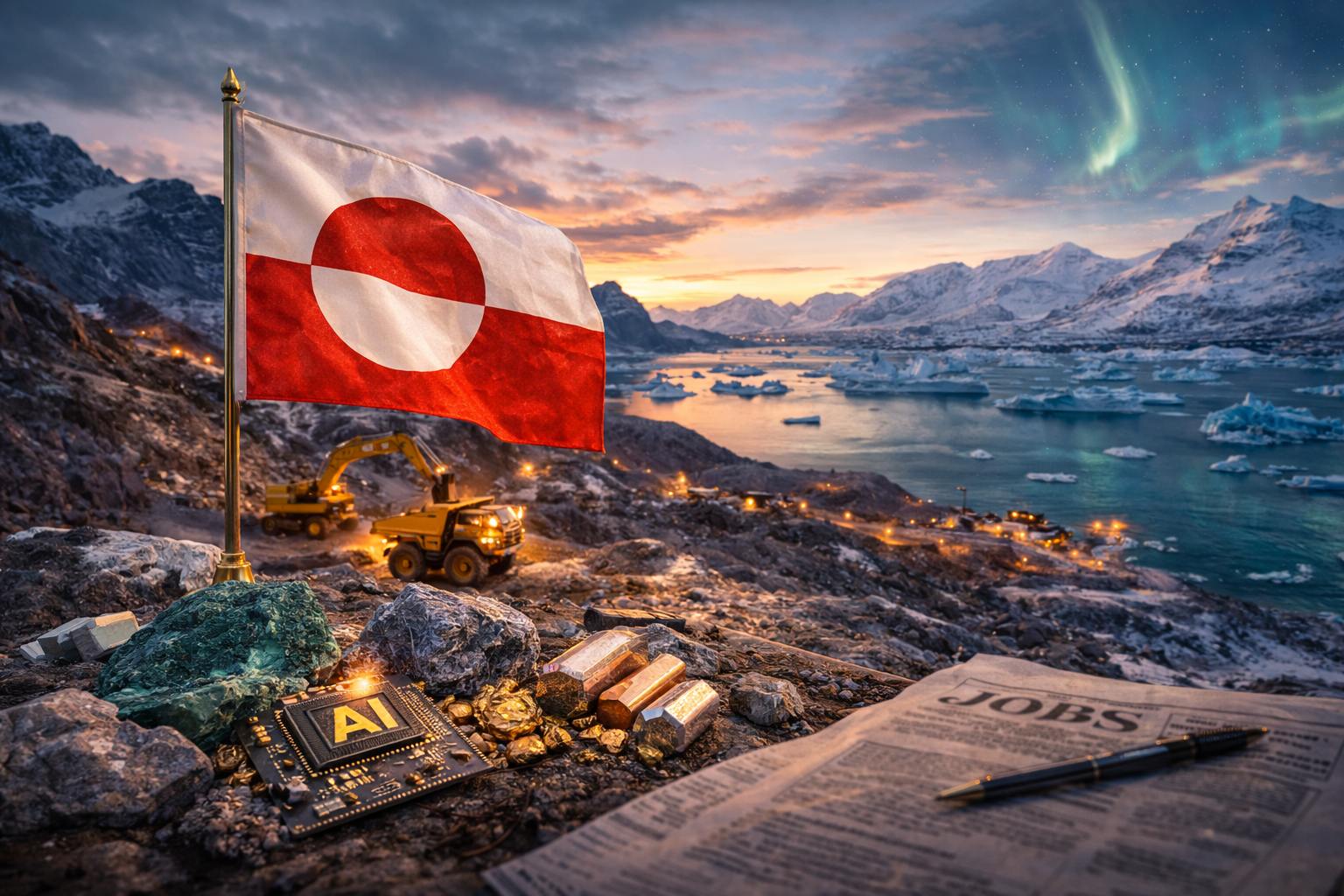 Photorealistic Arctic mining scene with Greenland’s flag on a rocky ridge overlooking a lit mining site with heavy machinery near an icy fjord, surrounded by mineral samples in the foreground and snow-covered mountains under a faint aurora.