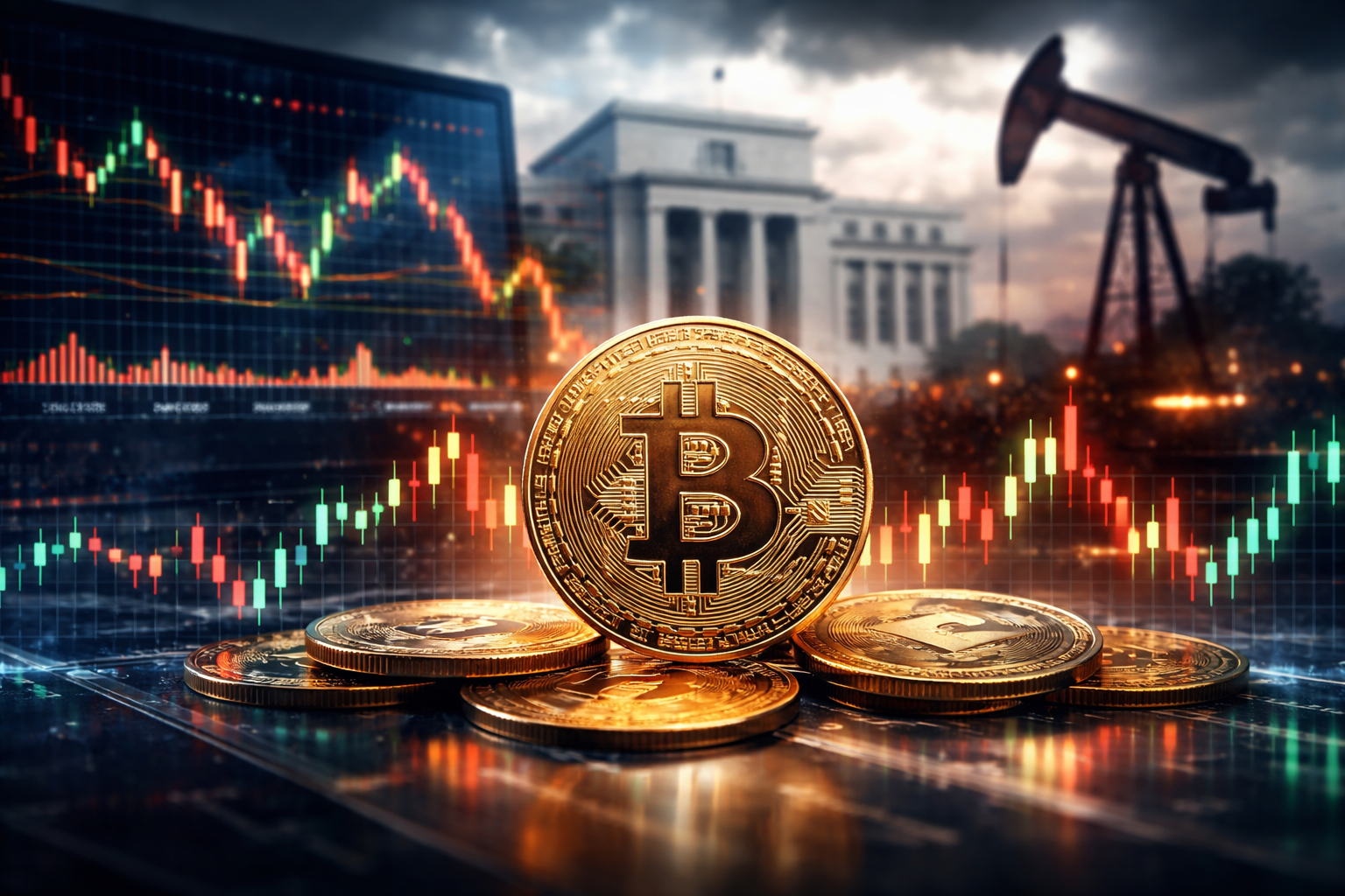 Photorealistic image of a Bitcoin coin in the foreground with blurred market charts, the U.S. Federal Reserve building, and an oil pumpjack in the background under a dark, moody sky.