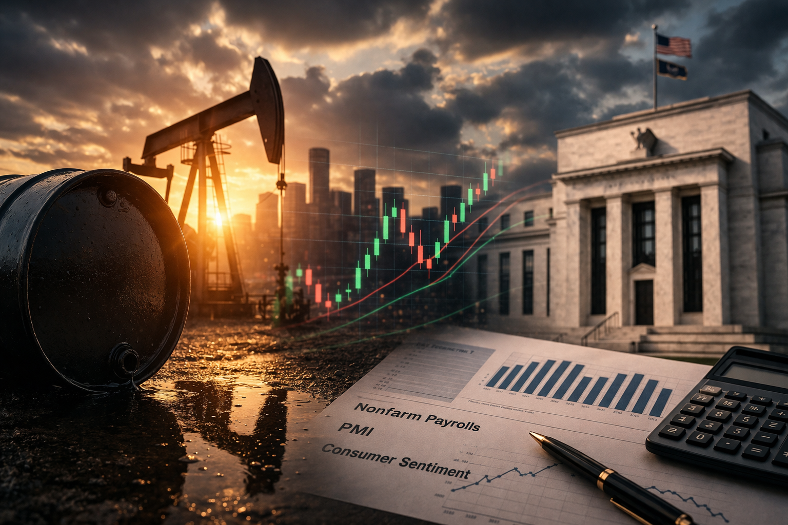 Photorealistic financial news image showing a tense Wall Street market scene with trading charts, an oil pumpjack, and symbolic U.S. economic imagery under dramatic lighting.