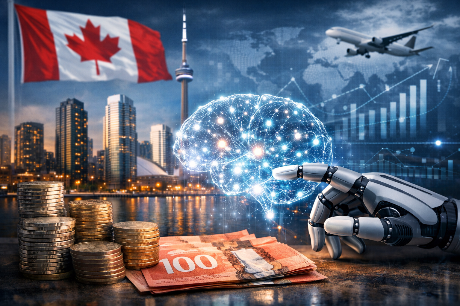 Photorealistic image of Canadian currency in the foreground with a robotic hand reaching toward a glowing digital brain, set against the Toronto skyline and Canadian flag.
