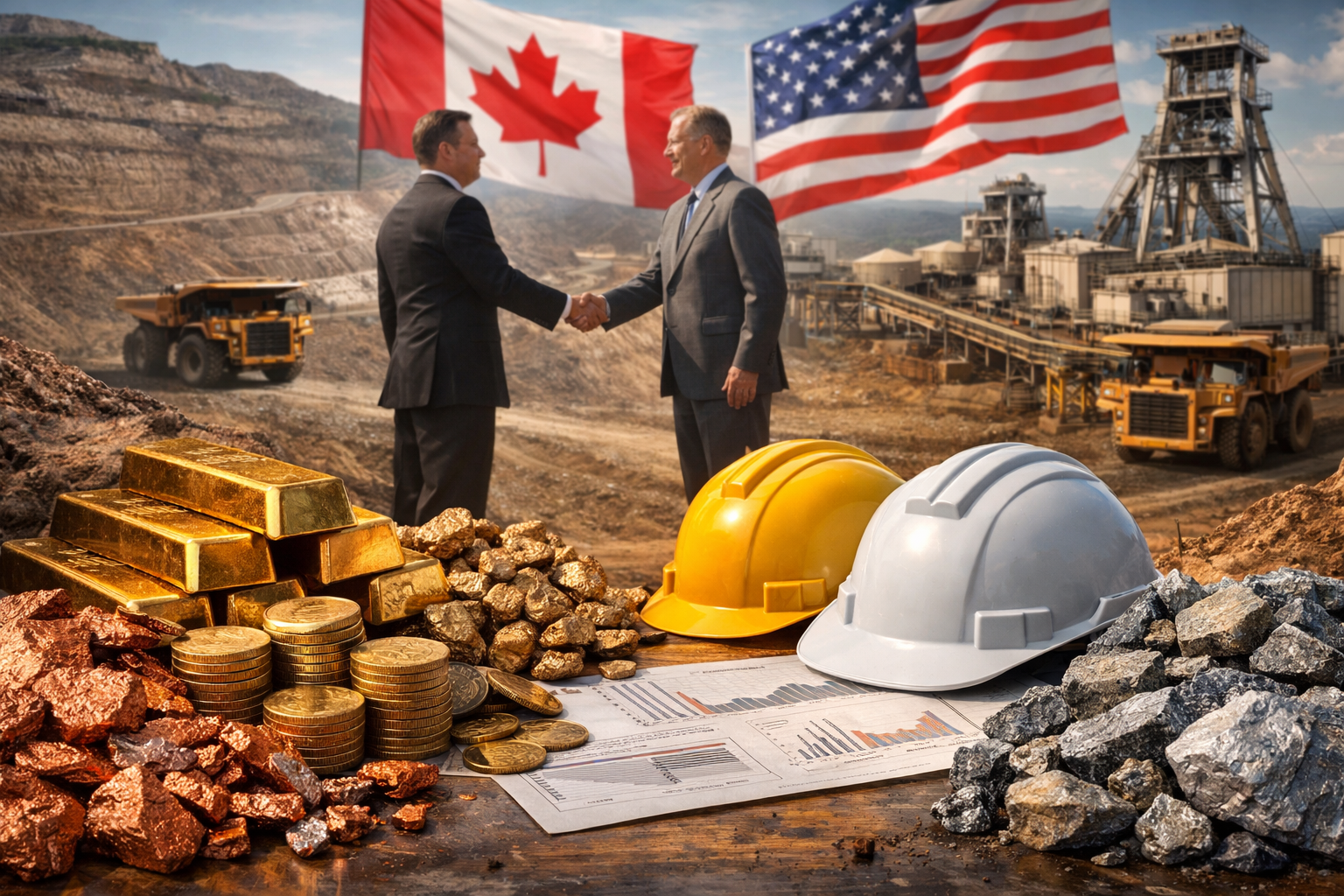 Photorealistic image of gold bars, mineral ore, mining helmets, and two executives shaking hands at a large mine site with Canadian and U.S. flags in the background.