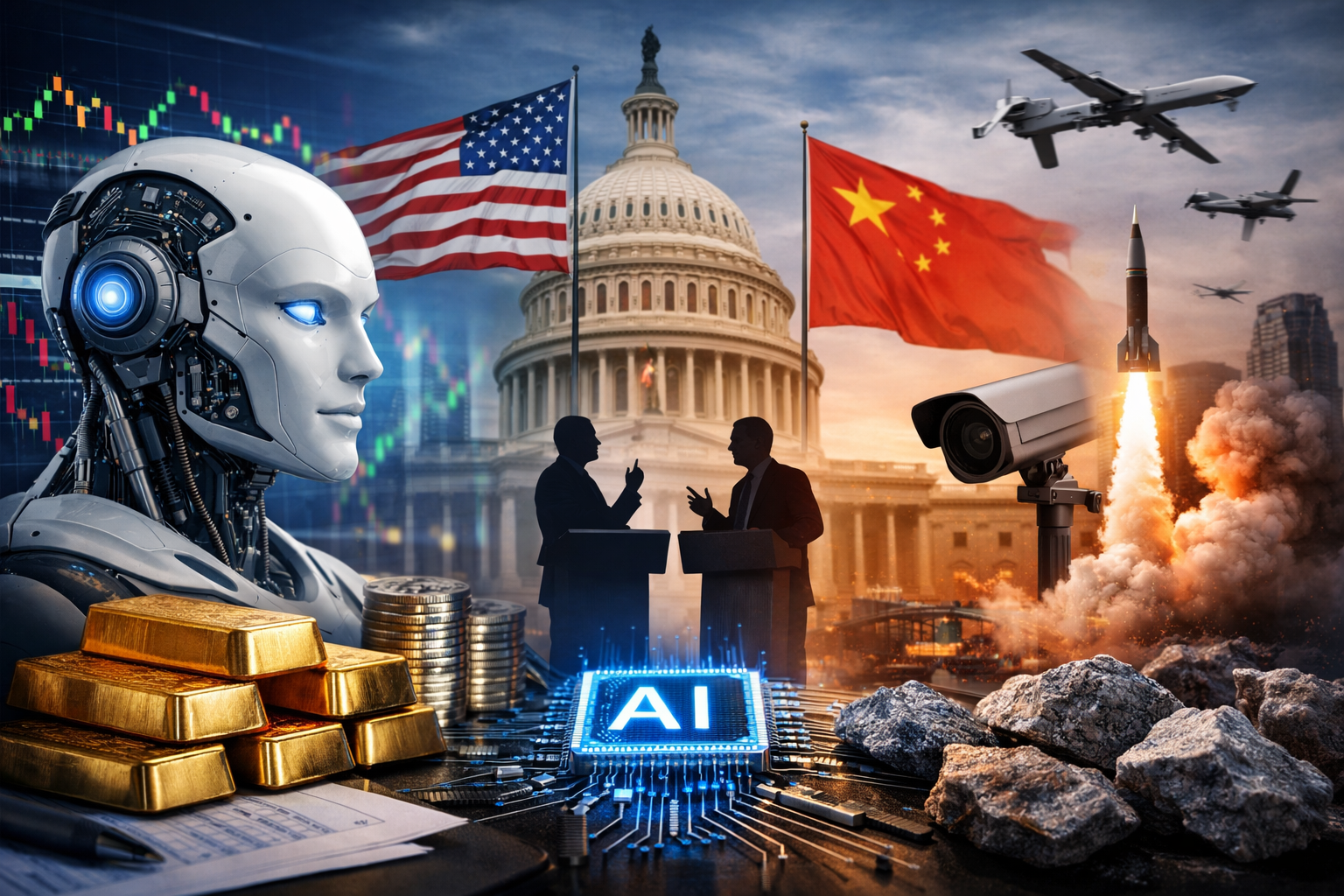 Photorealistic composite showing a humanoid robot, U.S. Capitol, political debate silhouettes, surveillance camera, drones, missile launch, market charts, and U.S. and Chinese flags surrounding an AI microchip.