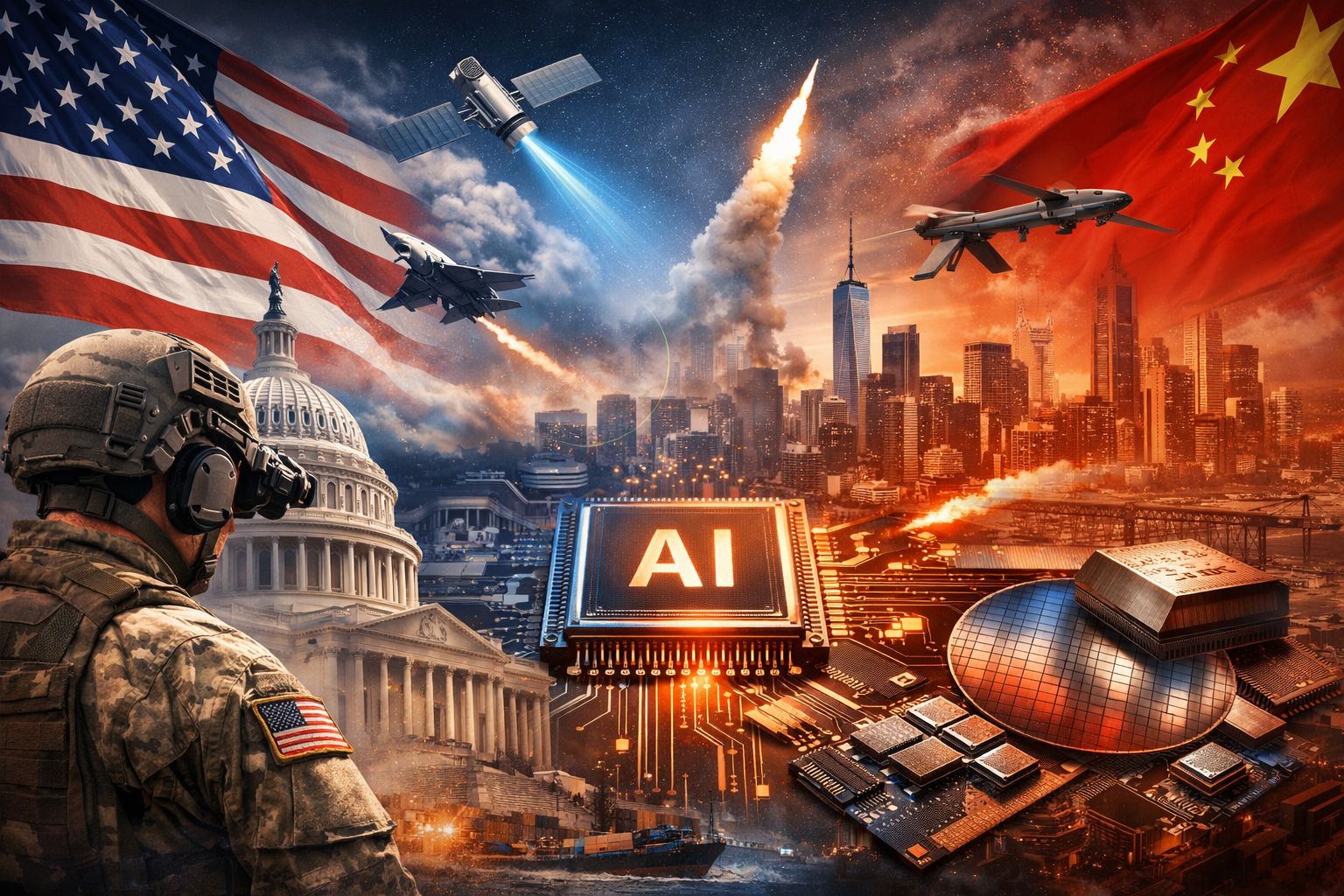 Photorealistic composite of a glowing AI chip surrounded by U.S. and Chinese national symbols, military and aerospace imagery, advanced semiconductors, and the U.S. Capitol.