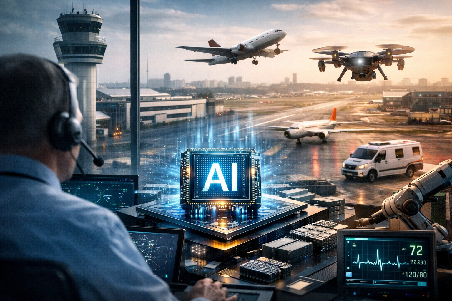 Photorealistic image of an airport control room with an air traffic operator, aircraft on the runway, a drone in flight, and advanced AI-powered monitoring systems in the foreground.