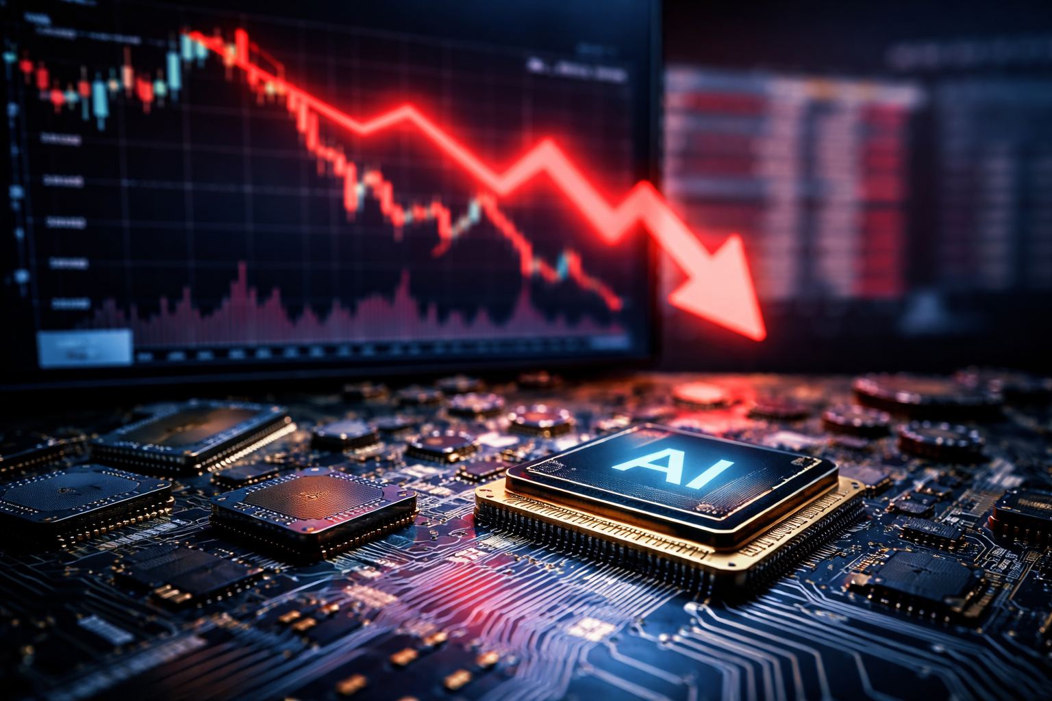 Photorealistic close-up of an AI semiconductor chip on a circuit board with a sharply falling red market chart in the background, symbolizing pressure on technology stocks.
