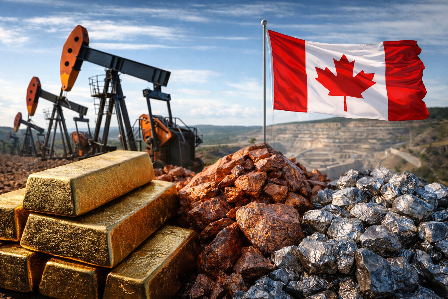 Photorealistic scene of oil pumpjacks, stacked gold bars, mined ore, and a Canadian flag, symbolizing Canada’s stock market strength in energy and mining.