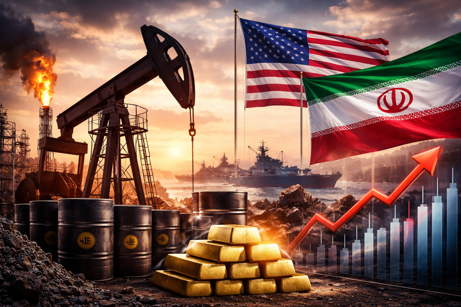 Photorealistic geopolitical energy scene with an oil pumpjack, refinery flare, naval vessels at sea, and U.S. and Iranian flags, symbolizing rising oil prices and market uncertainty.