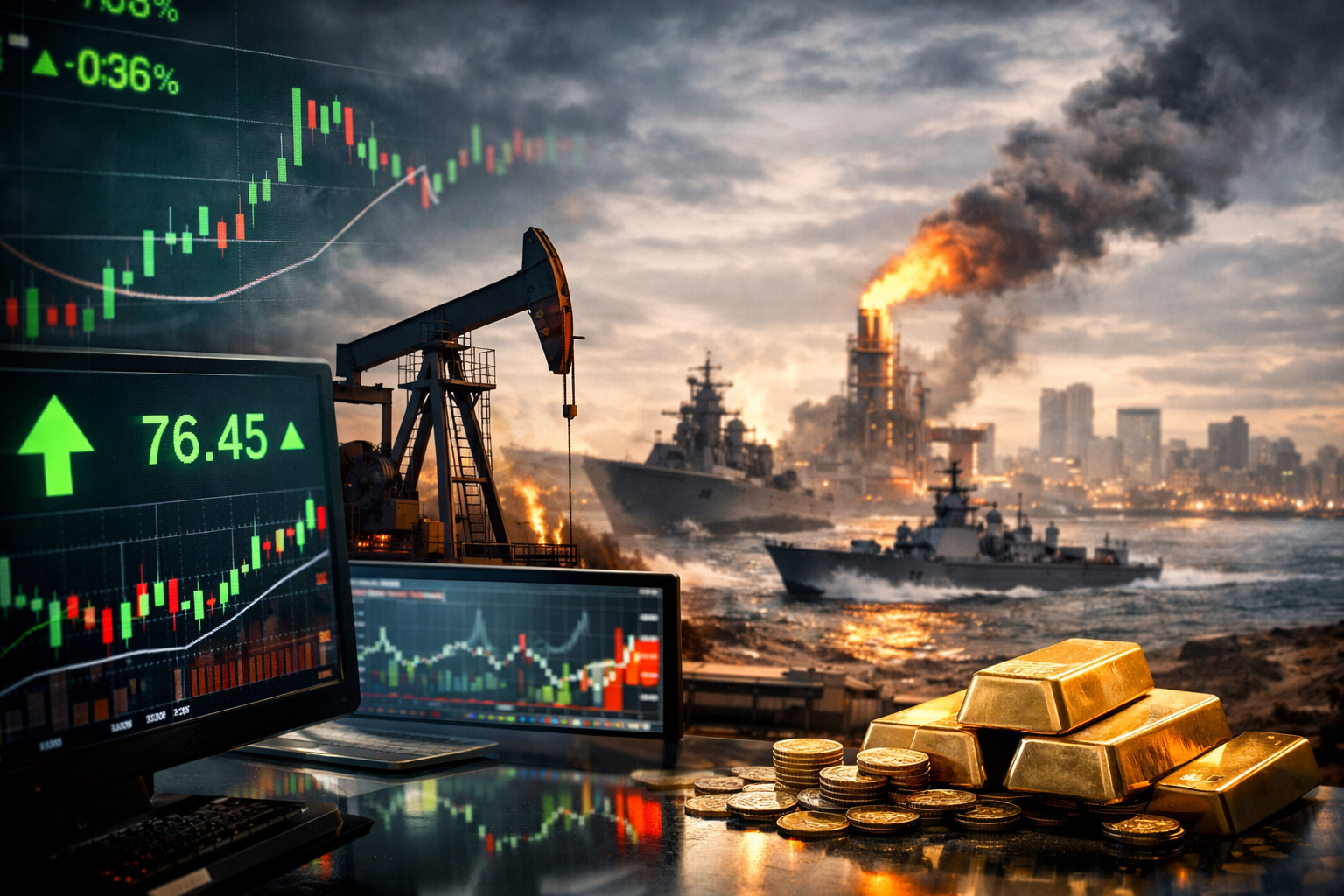 Photorealistic financial scene showing rising market screens beside an oil pumpjack, refinery flare, naval vessels, and gold bars, symbolizing a fragile market rebound amid geopolitical and energy-driven volatility.