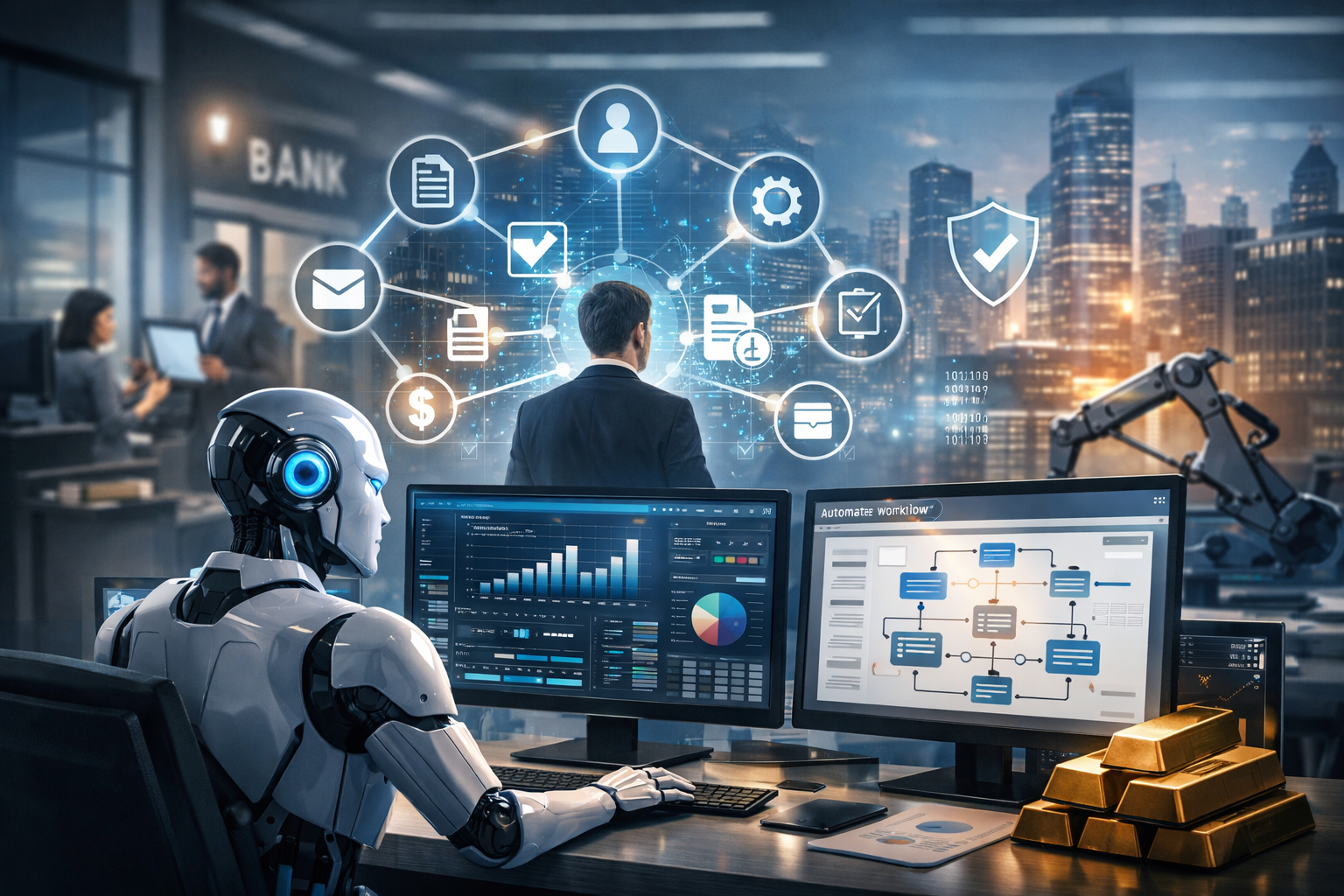 Photorealistic modern office scene showing an AI-powered digital workspace with automated business dashboards, compliance visuals, and enterprise workflow monitoring.