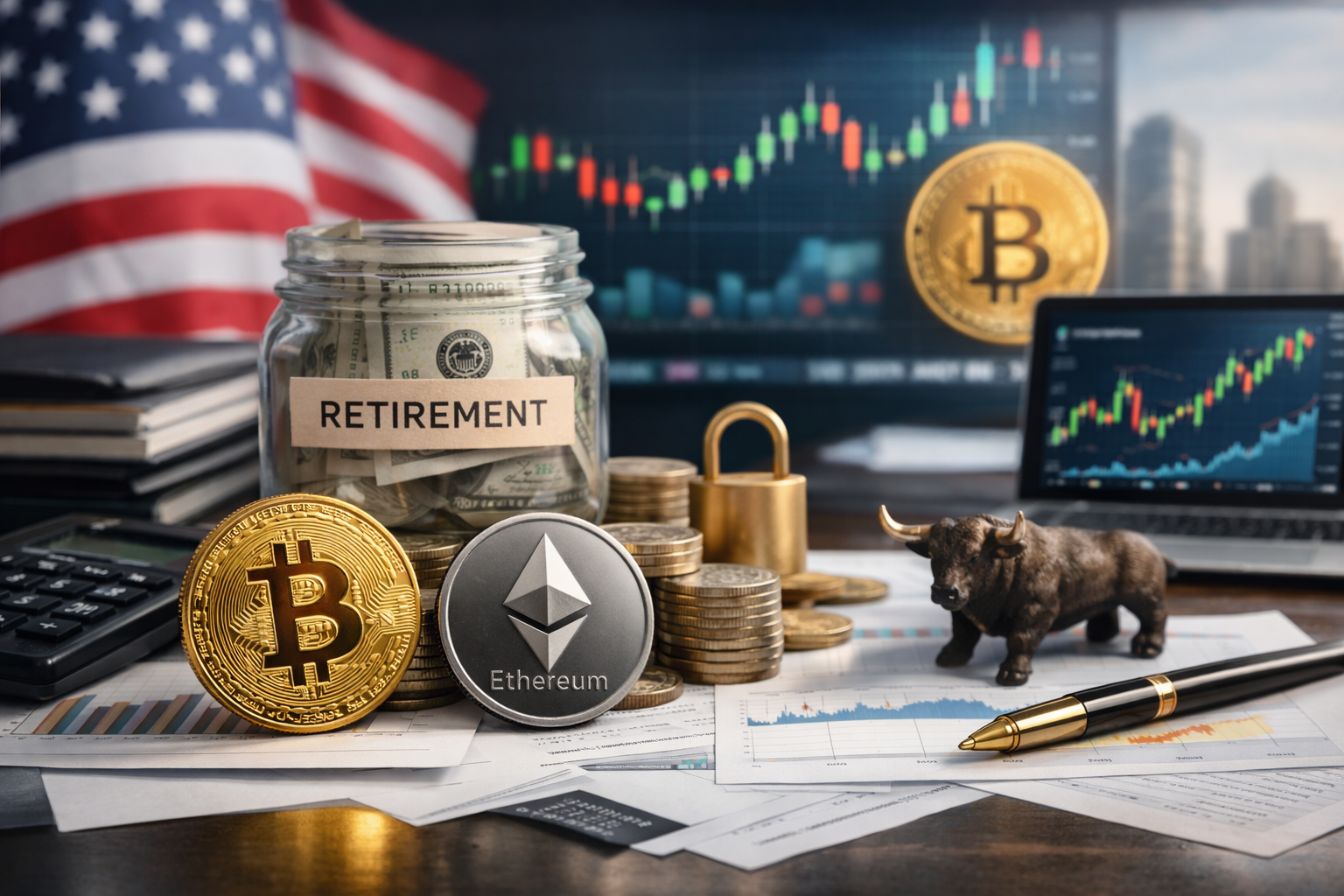 Photorealistic financial scene showing Bitcoin and Ethereum coins beside retirement savings, investment charts, and U.S. market imagery, symbolizing the potential integration of crypto into retirement accounts.