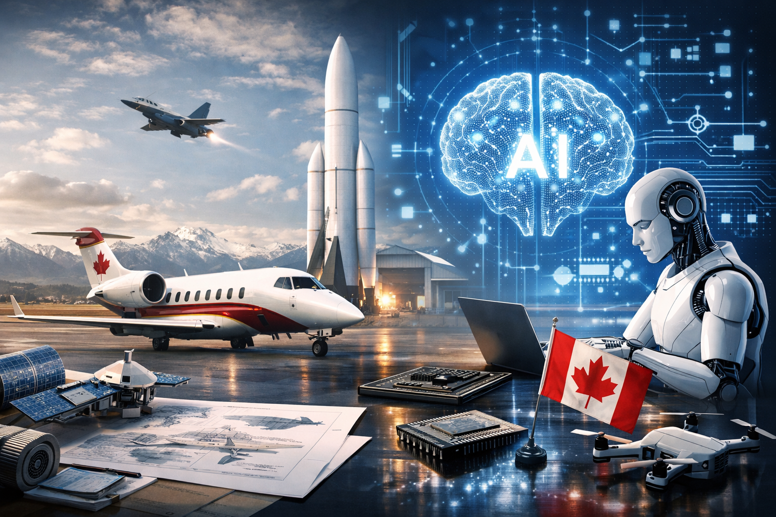 Photorealistic scene combining aerospace technology, advanced aircraft, AI-driven systems, and Canadian national imagery to represent government-backed investment in innovation.