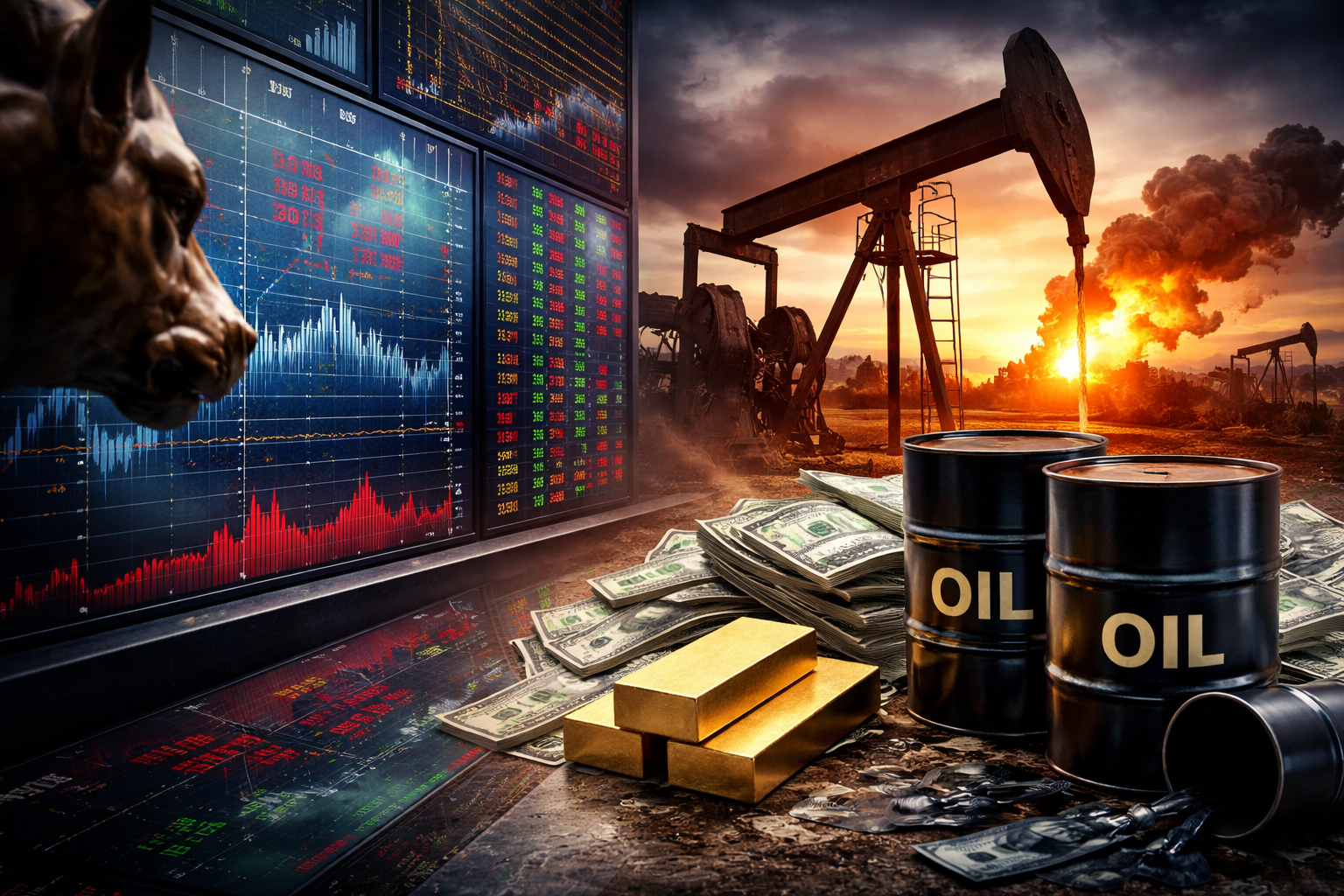 Photorealistic composite showing Wall Street-style market screens with red and green moves beside an oil pumpjack at sunset, with oil barrels, gold bars, and cash in the foreground—symbolizing risk-off trading amid Middle East tensions.