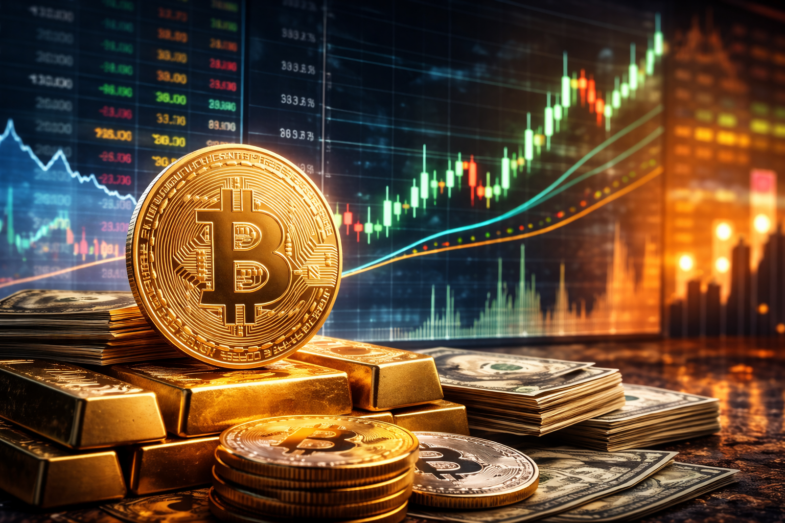 Photorealistic scene of a large gold-toned Bitcoin coin resting on stacked gold bars and U.S. dollar bills, with an upward-trending candlestick chart glowing in the background.