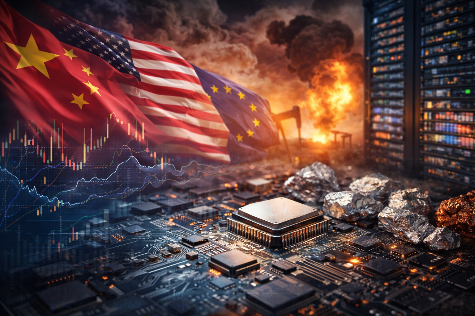 Photorealistic composite of a semiconductor circuit board with a central microchip, overlaid with falling market chart lines, with large U.S., China, and EU flags in the background and smoky conflict imagery behind them.