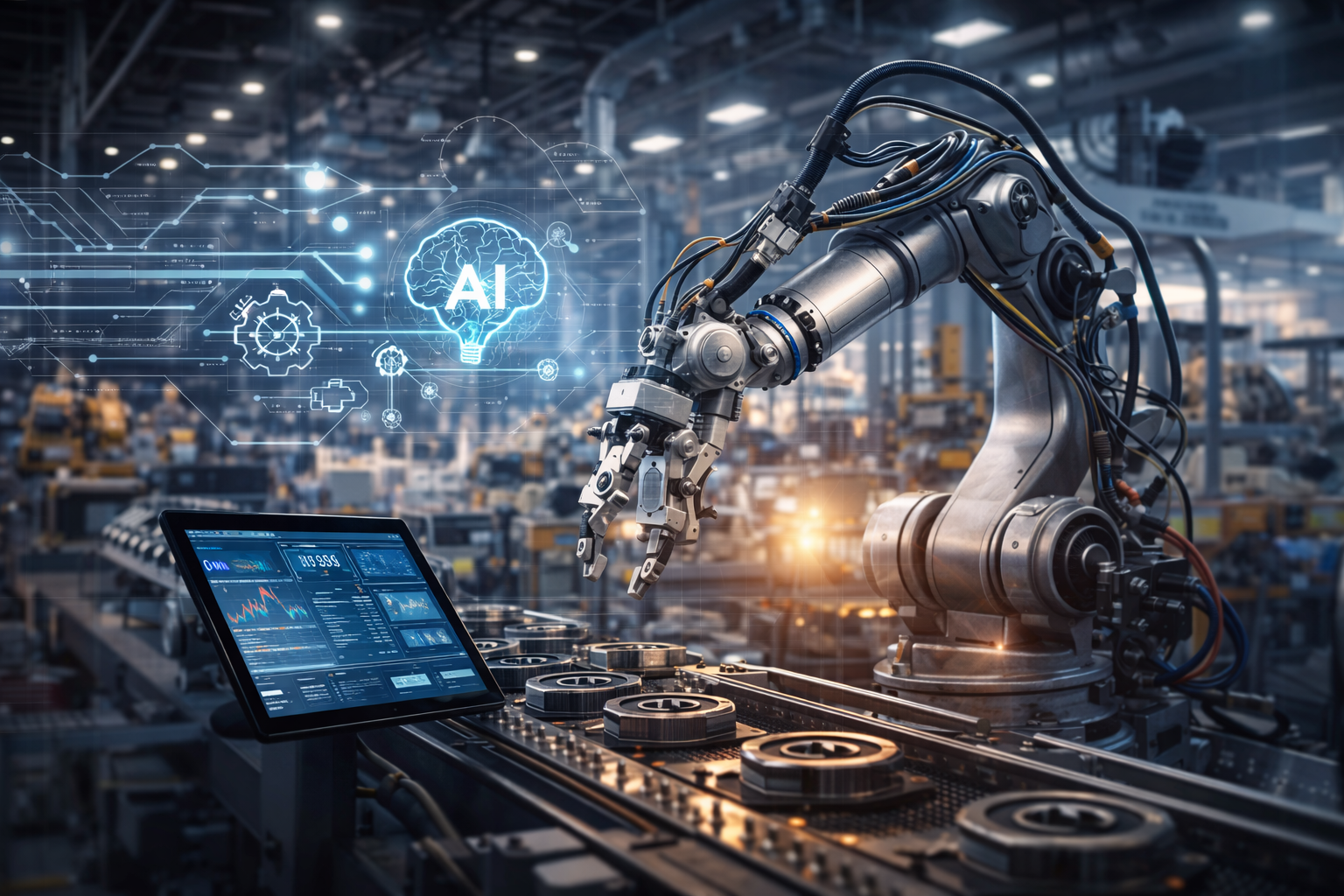 Photorealistic factory scene with a large robotic arm over a production line, a nearby tablet showing analytics-style dashboards, and subtle futuristic data overlays suggesting AI-enabled automation.
