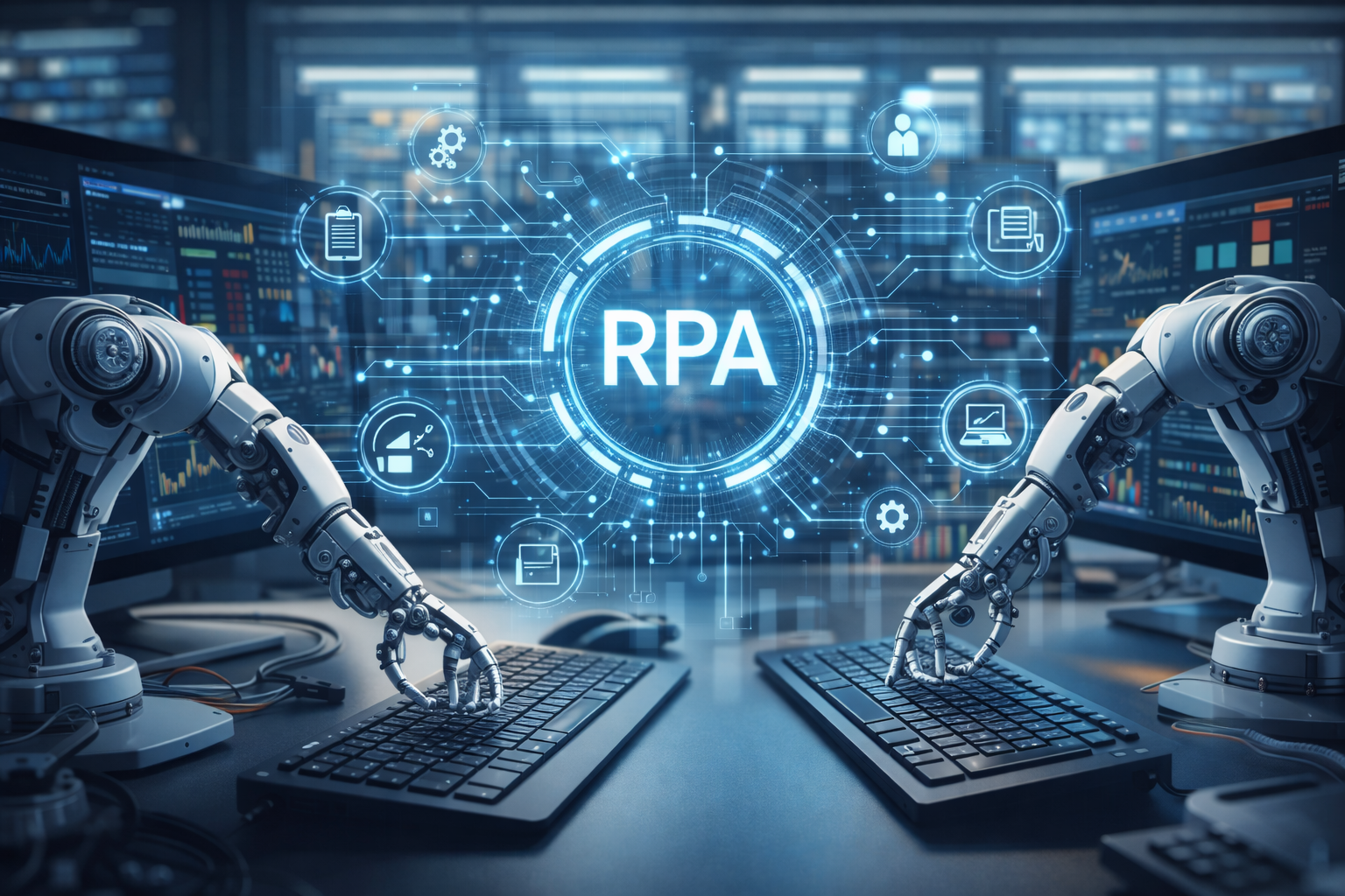 Photorealistic office scene with two robotic arms operating computer keyboards in front of multiple data-filled monitors, symbolizing automated digital workflows and enterprise process automation.