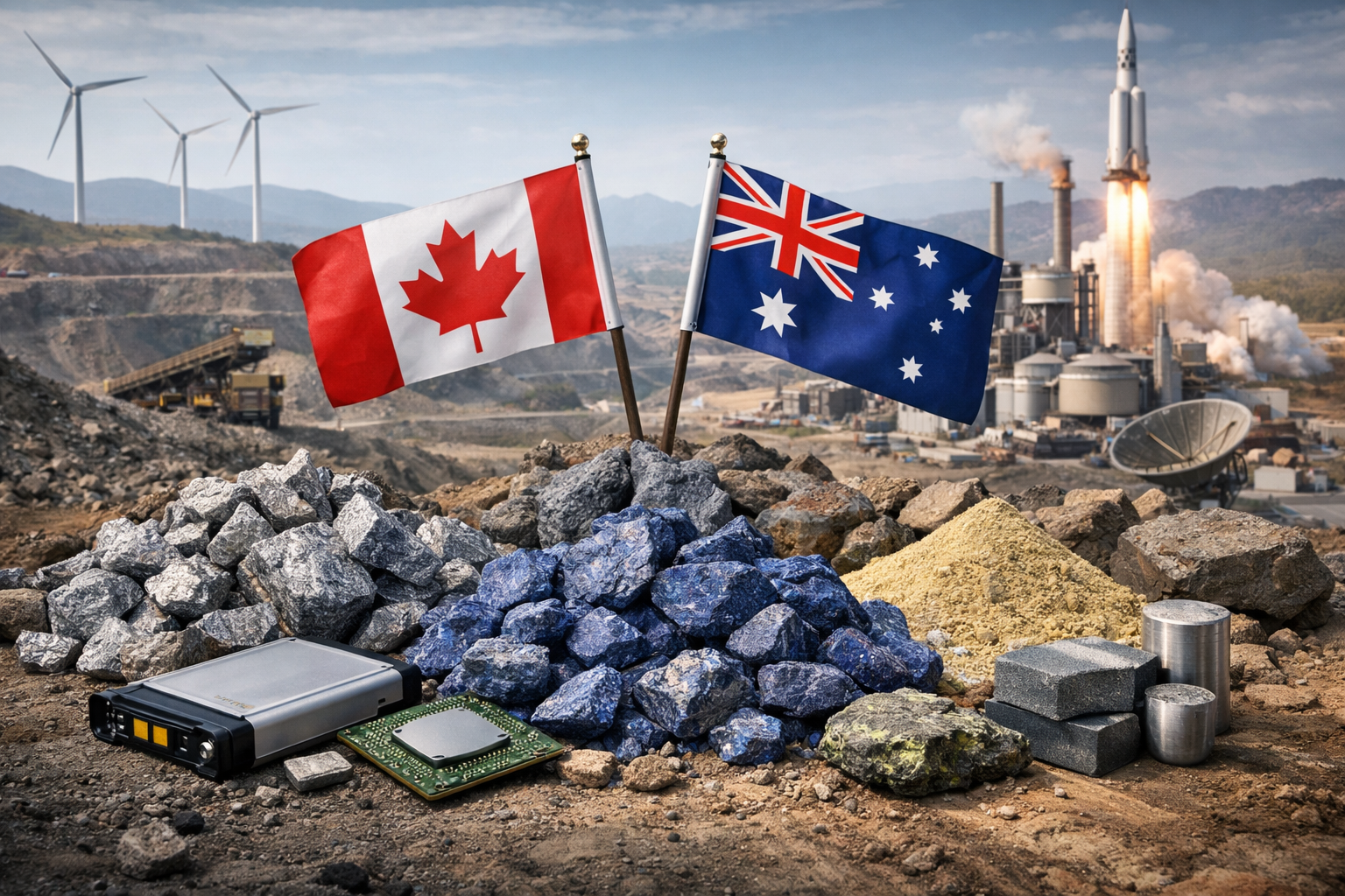 Canadian and Australian flags planted in a pile of ore rocks at a mining site, with wind turbines, a processing facility, and a rocket launch in the background alongside battery and microchip components.