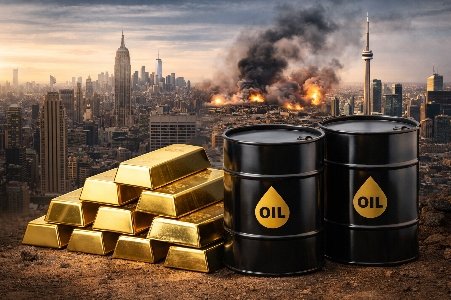 Stacked gold bars and two oil barrels in the foreground, with the New York and Toronto skylines behind them under a warm sunset, and distant smoke and fires suggesting geopolitical conflict on the horizon.