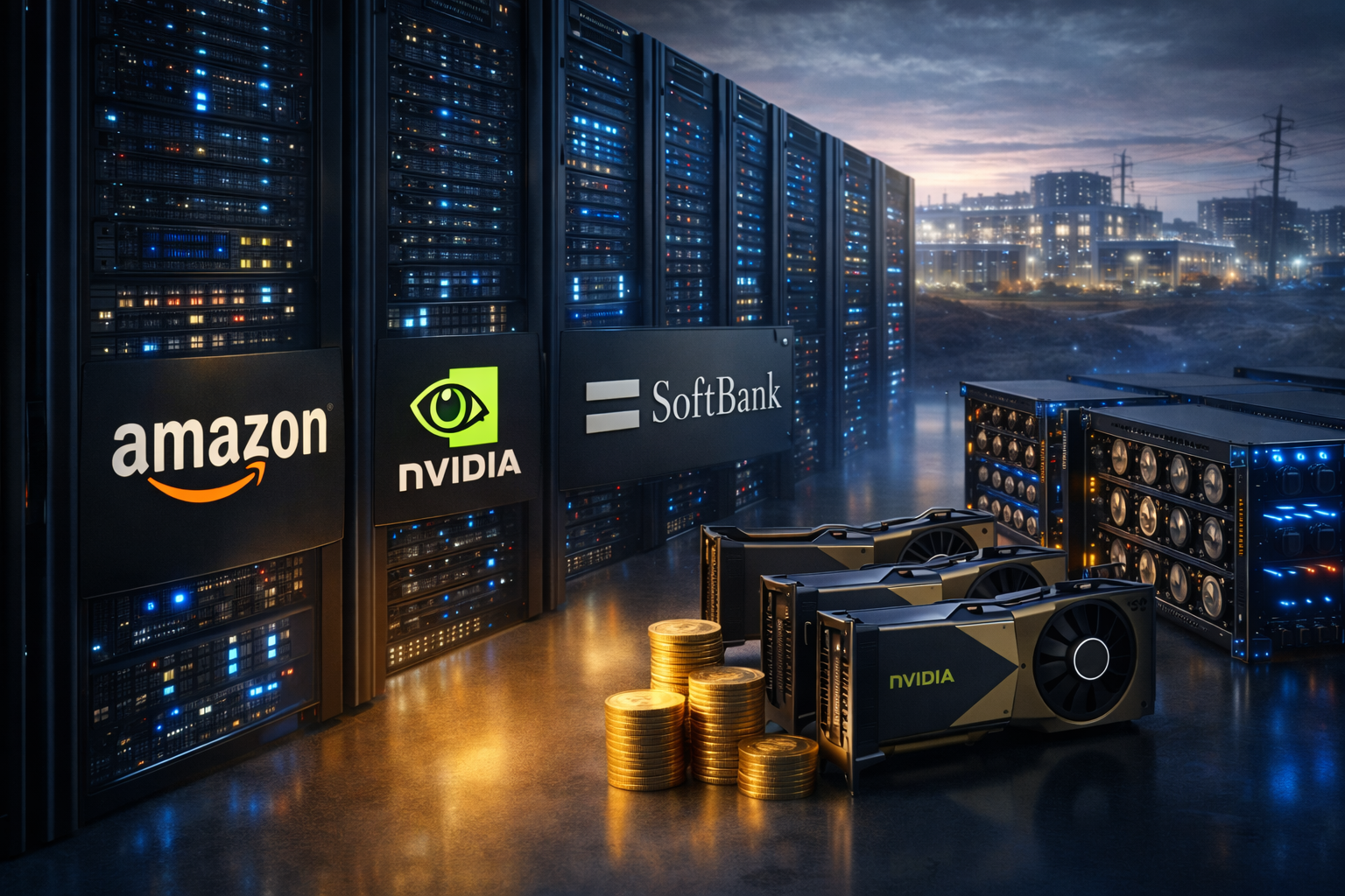 A photorealistic scene inside a large data center with glowing server racks and stacks of high-end GPUs in the foreground beside gold coins, with corporate branding visible on equipment panels.
