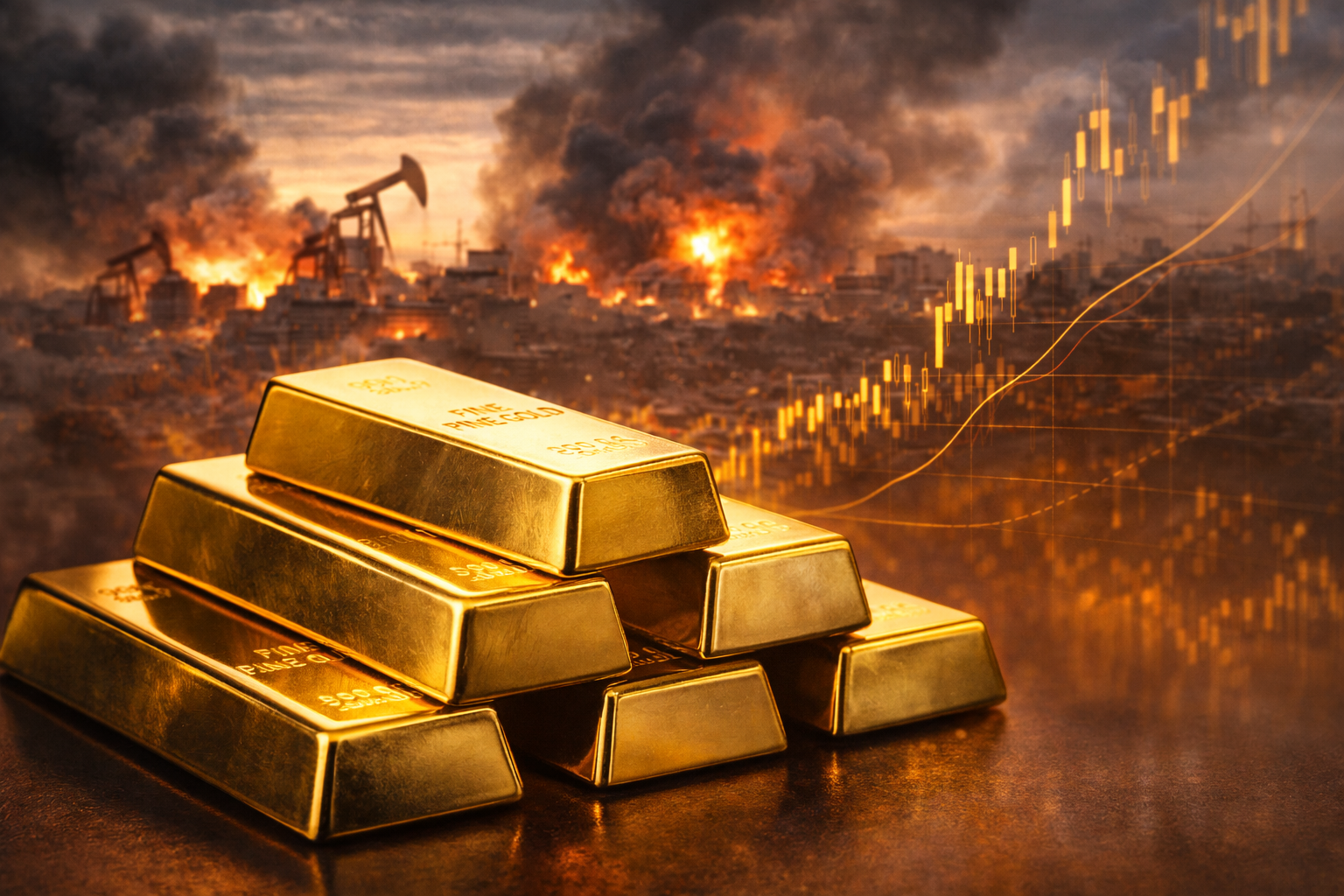 Stack of gold bars in the foreground with a burning city, thick smoke, oil pumpjacks, and an overlaid rising candlestick chart in the background.