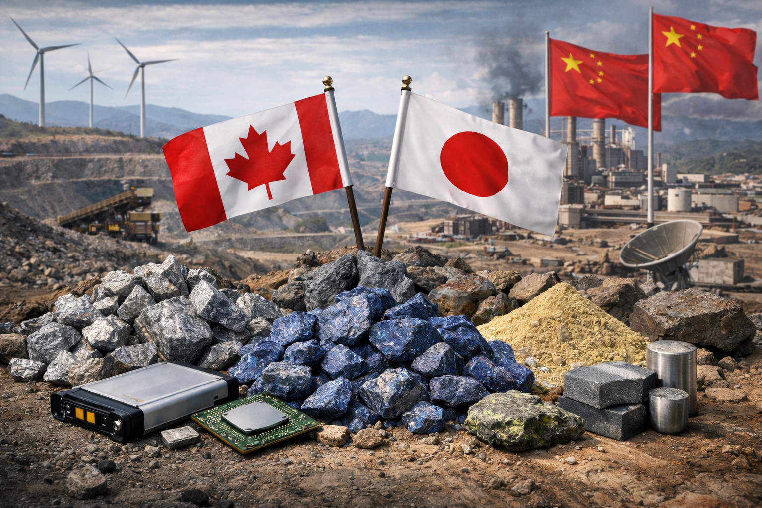 Piles of mixed ore and mineral rocks with a battery pack and microchip in the foreground, Canadian and Japanese flags planted at center, and an industrial complex with additional flags and smokestacks in the background near a mine site and wind turbines.