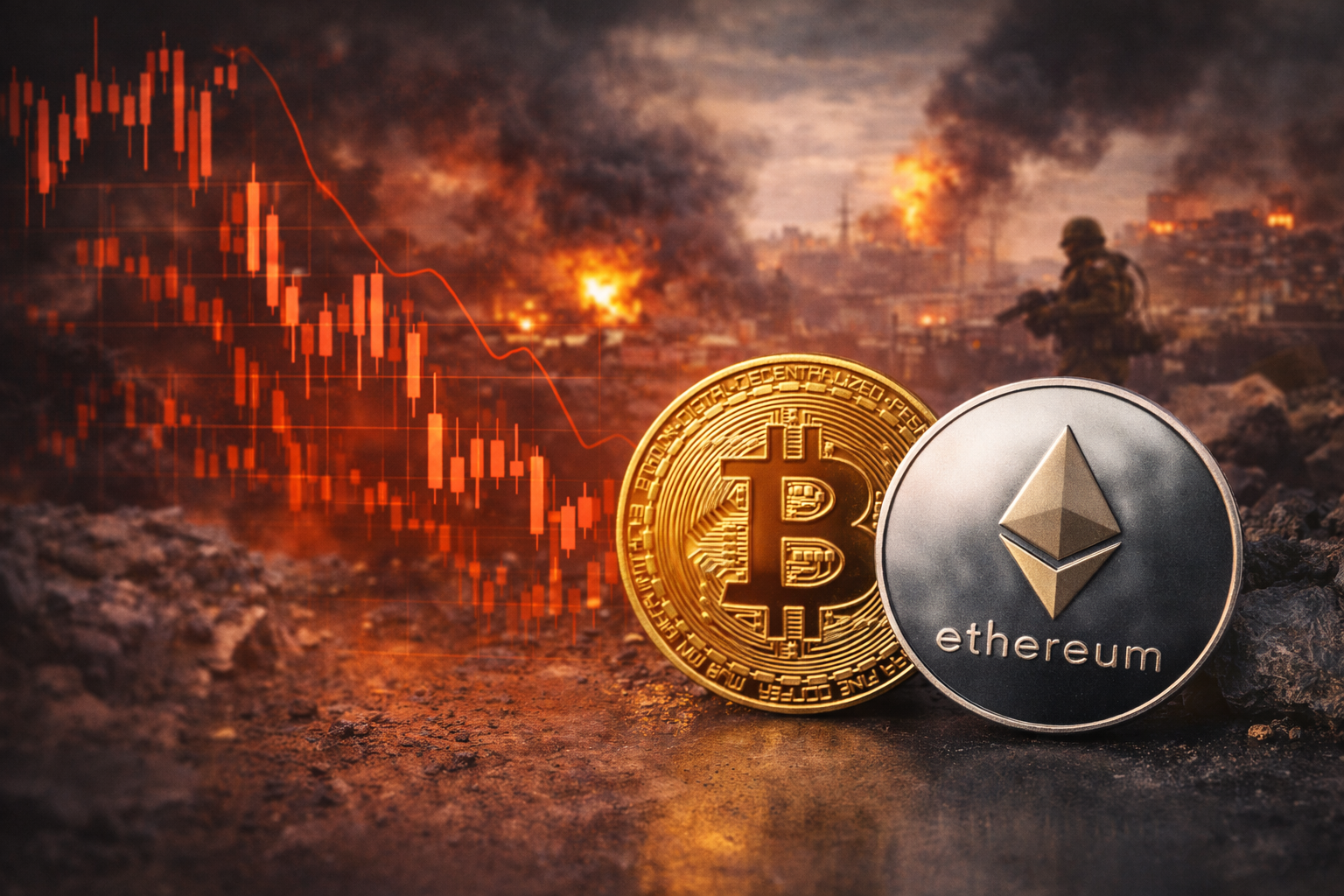 Photorealistic scene of metallic crypto-style coins and a trading desk with a glowing red-and-green price chart on a screen, while a blurred world map and tense breaking-news visuals in the background suggest geopolitical uncertainty.