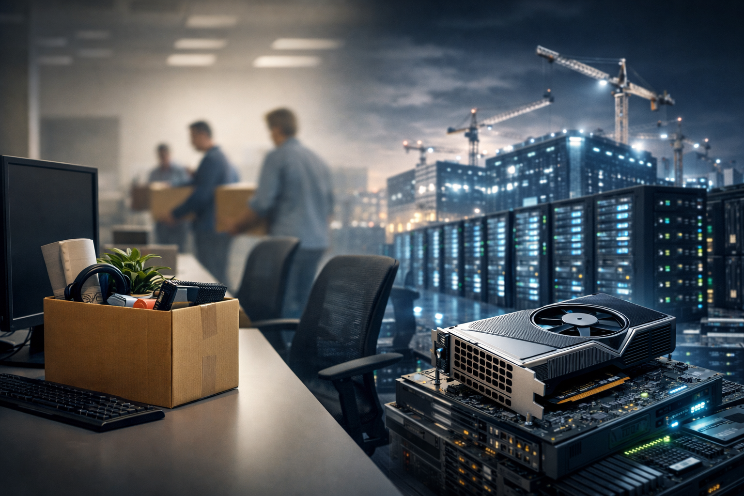 Photorealistic split-scene showing an office desk with a cardboard box and empty chair in the foreground, while server racks, a high-performance GPU, and a large data-center construction site appear in the background, symbolizing tech layoffs alongside heavy AI infrastructure investment.