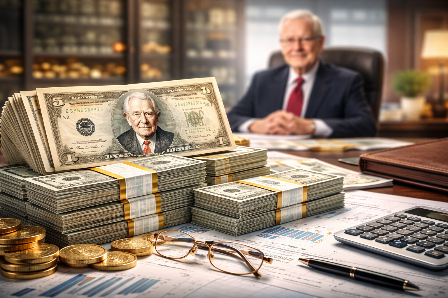 Photorealistic financial scene showing large stacks of cash, coins, charts, a calculator, and investment documents on a desk, with a senior executive figure blurred in the background, symbolizing Berkshire Hathaway’s renewed share buybacks and massive cash reserves.