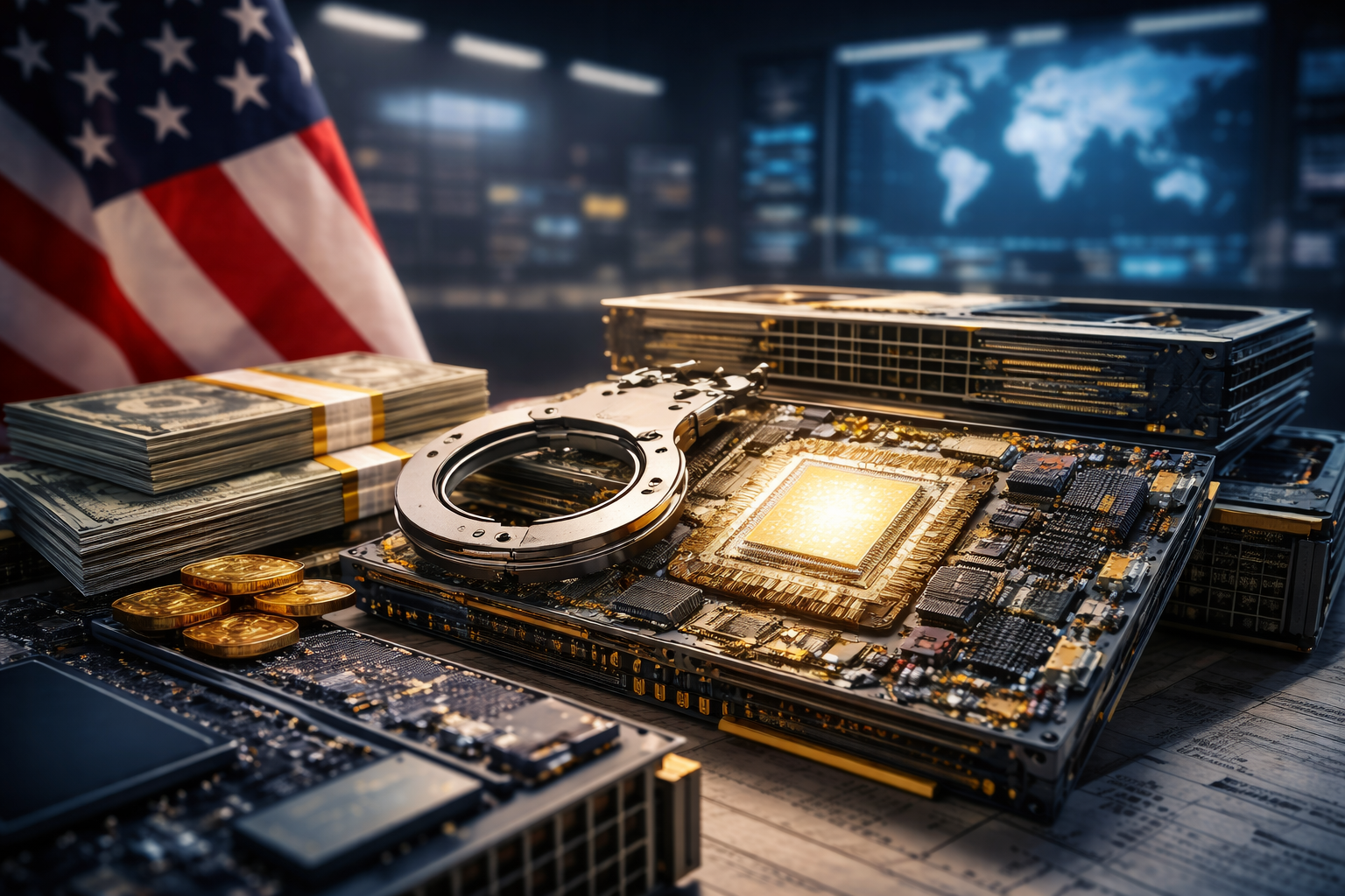 Photorealistic close-up of advanced semiconductor boards and AI chips on a table, with the U.S. flag, a blurred world map, and symbolic restraints in the scene, representing tighter American export controls on high-performance AI hardware.
