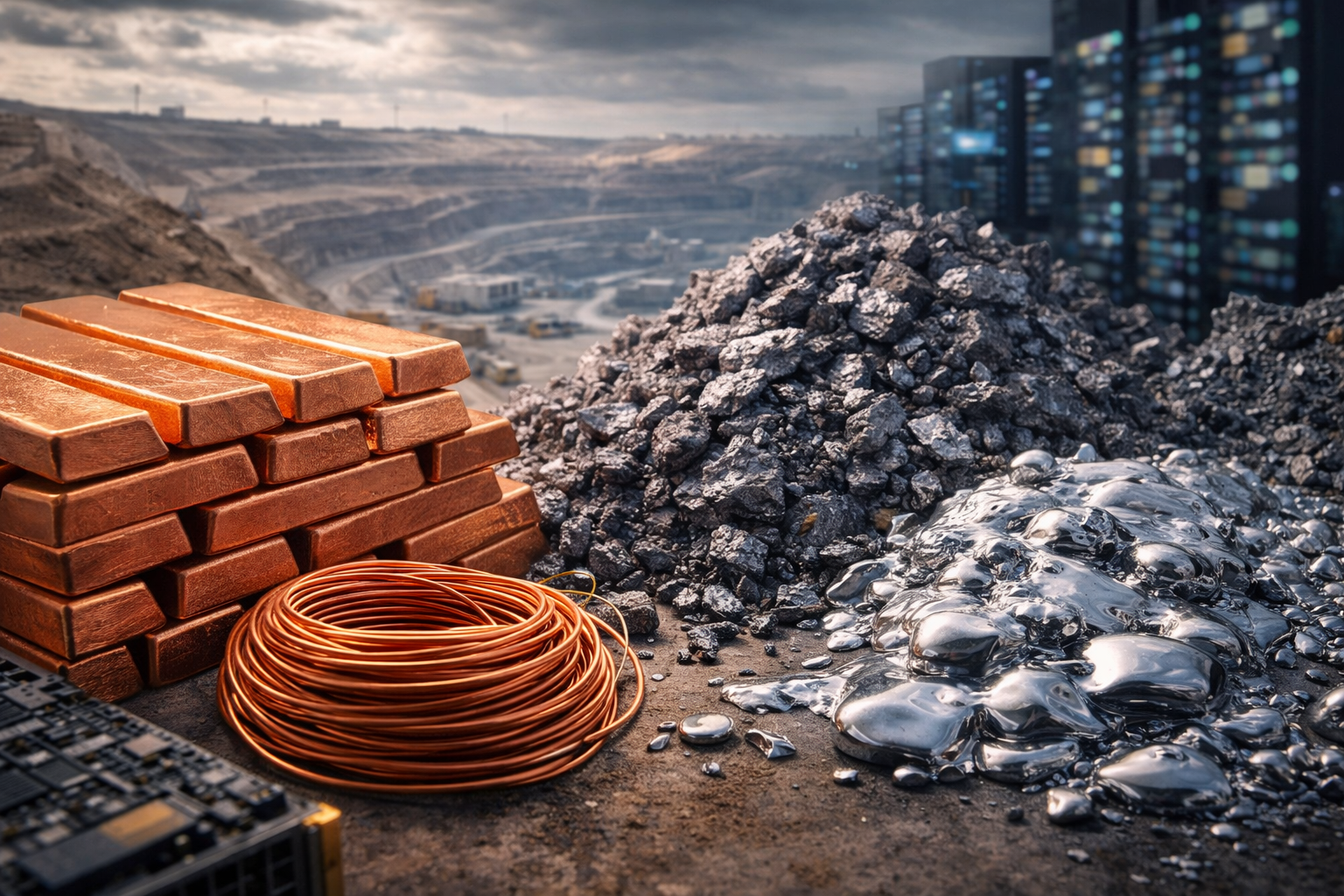 Photorealistic scene showing stacked copper bars, coiled copper wire, dark mineral ore, and liquid metallic material in the foreground, with an open-pit mine and a blurred data-center backdrop symbolizing rising demand for critical minerals in AI and semiconductor production.
