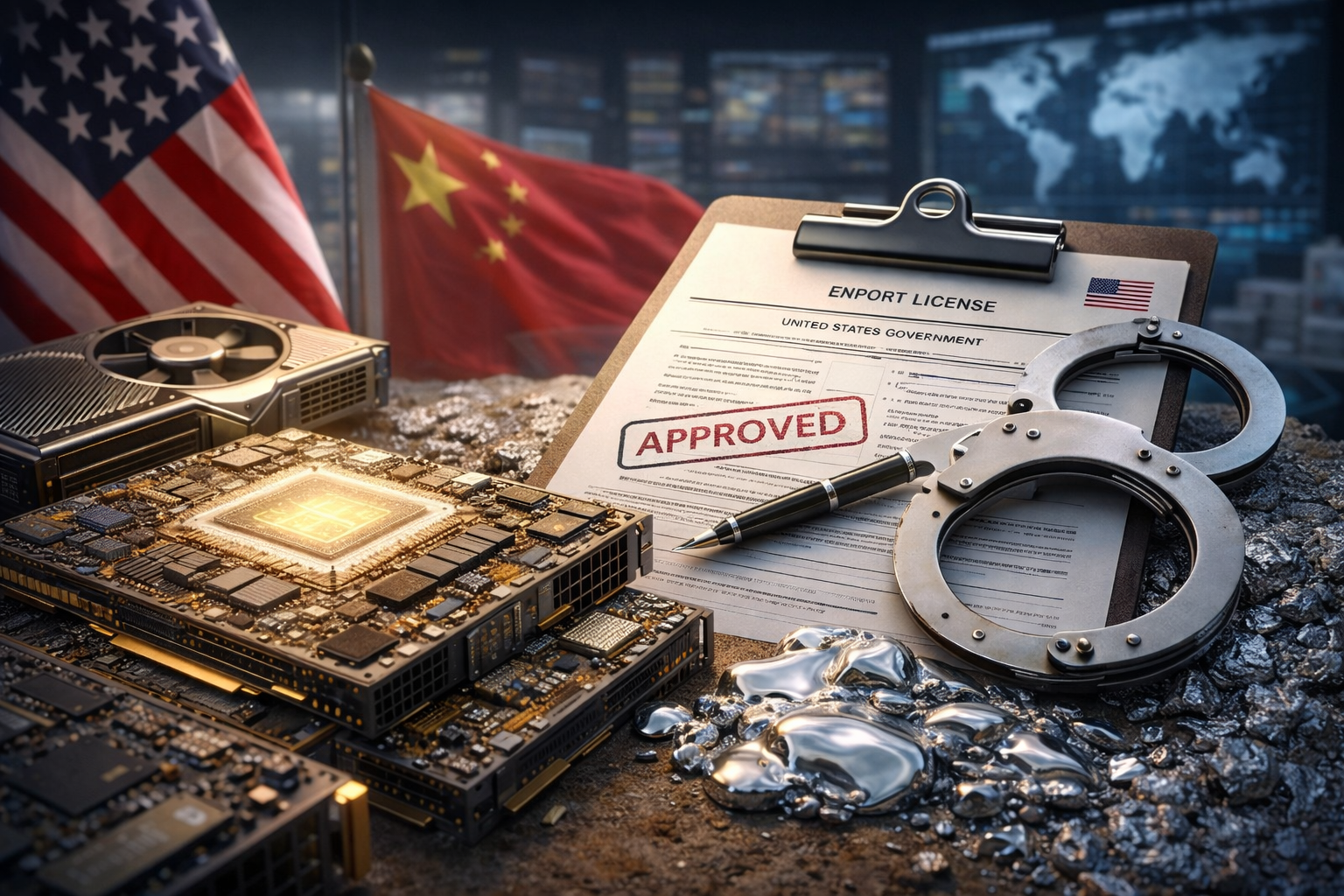 Photorealistic image of advanced AI semiconductor boards and processors beside official export paperwork and symbolic restraints, with U.S. and Chinese flags and a blurred world map in the background, representing proposed global licensing rules for AI chip exports.